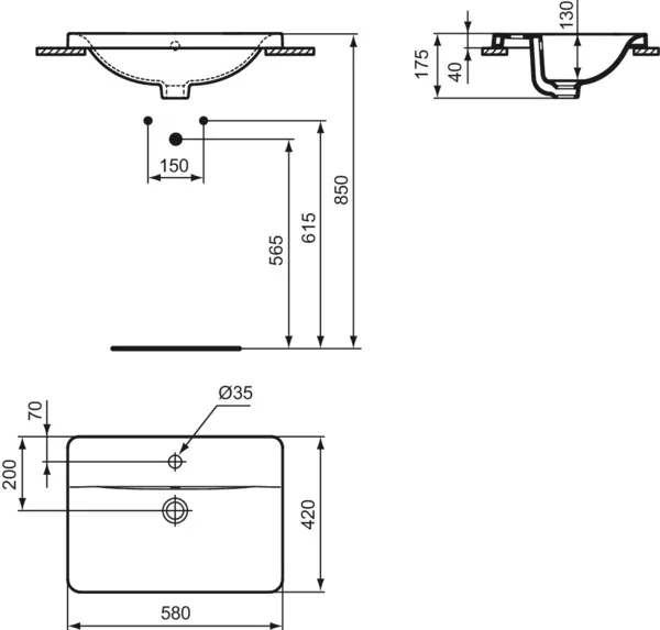 Ideal Standard Einbauwaschtisch Connect, rechteckig, 1 Hahnloch, weiß, 580x420x175 mm