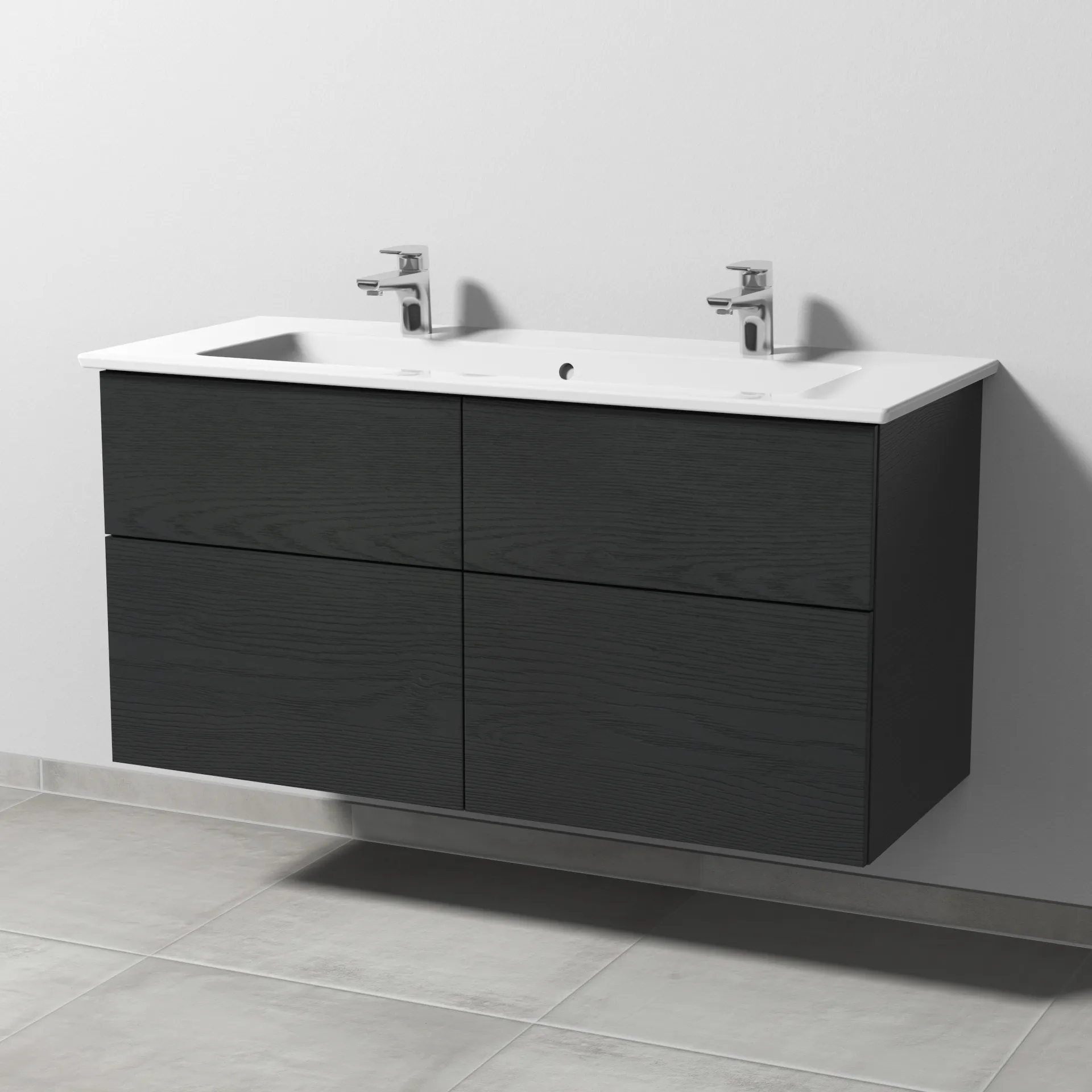 Keramik-Waschtisch-Set mit Waschtischunterschrank „3way“ 115,5 × 47,7 × 59,1 cm in Black Oak, mit Hahnlochbohrung, Becken mittig