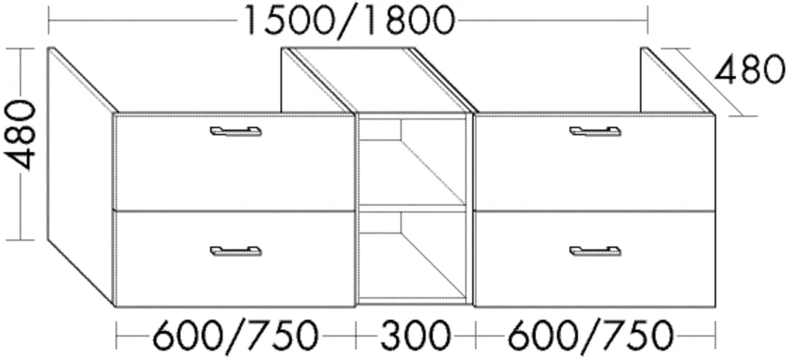 Waschtischunterschrank Sys30 von burgbad - 1800 mm breit, 480 mm hoch, 480 mm tief, 2 Schubladen oben, 2 Auszüge unten, 1 offenes Fach mit festem Boden