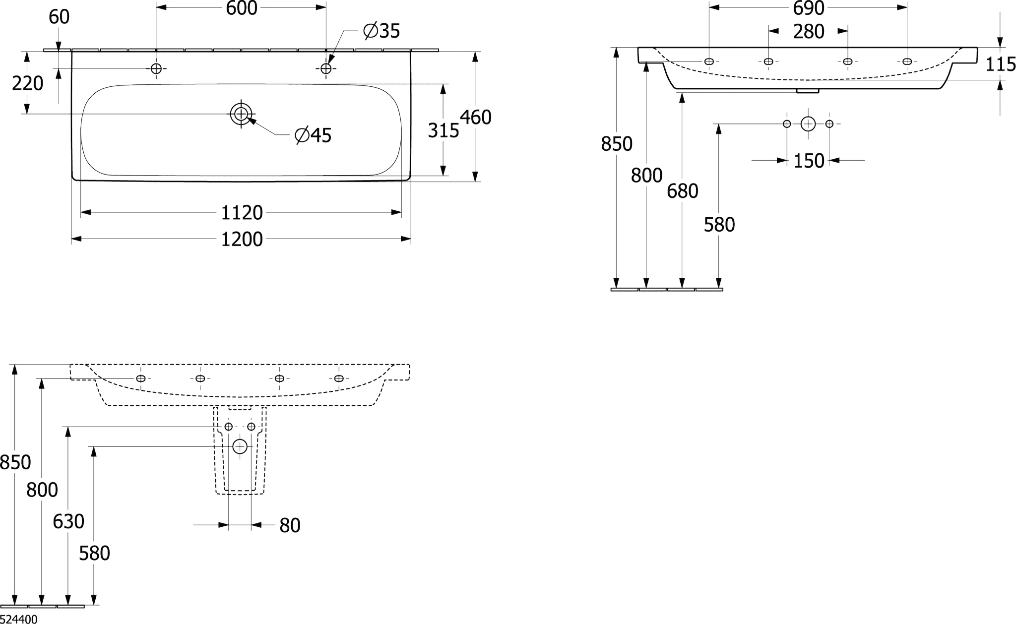 Villeroy & Boch Schrankwaschtisch Skyla 5A51C2, 1200x460mm, Rechteck, Weiß Alpin