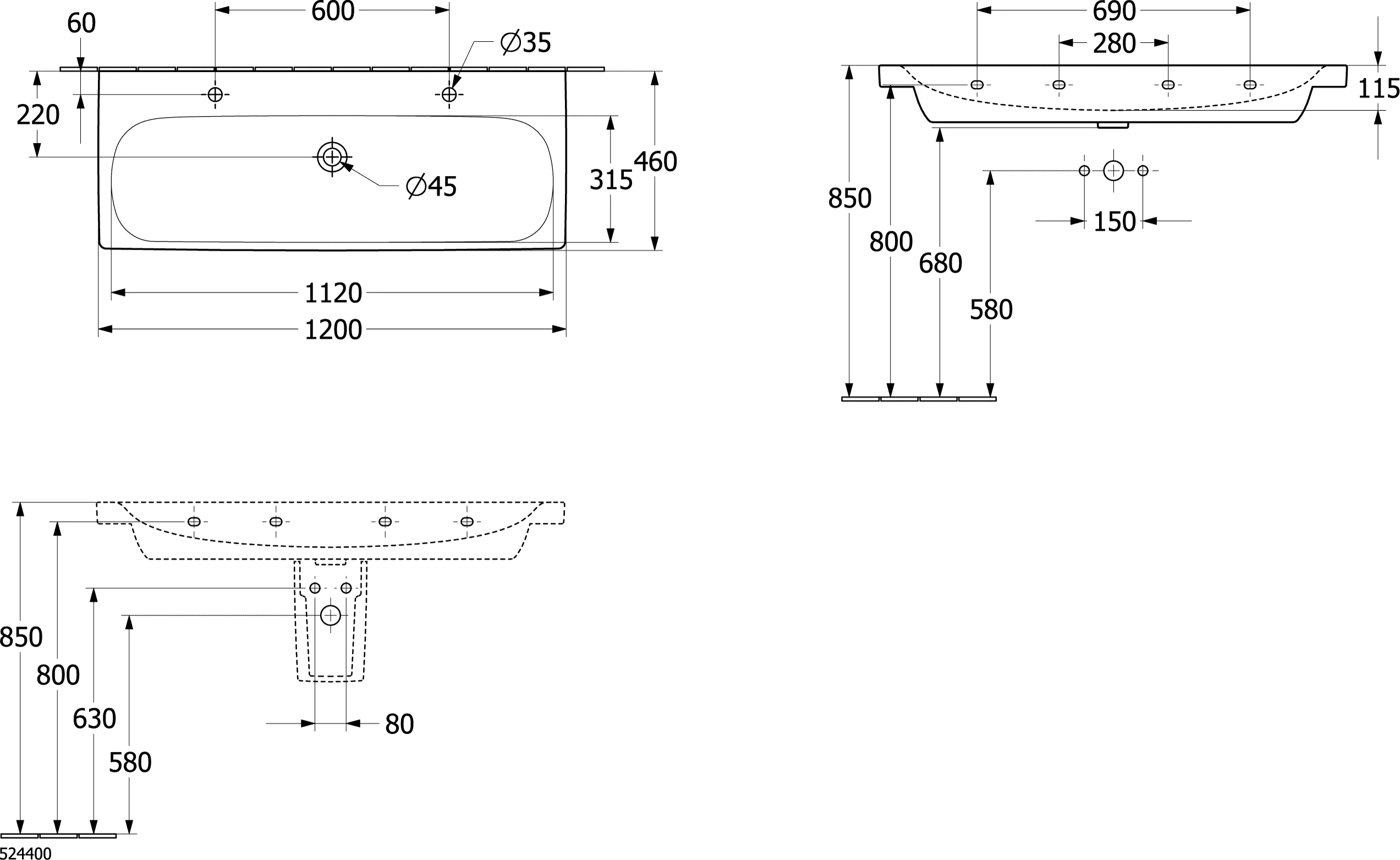 Villeroy & Boch Schrankwaschtisch Skyla 1200x460 mm, glänzend weiß Alpin, TitanCeram, 160 mm hoch, für zwei Armaturen