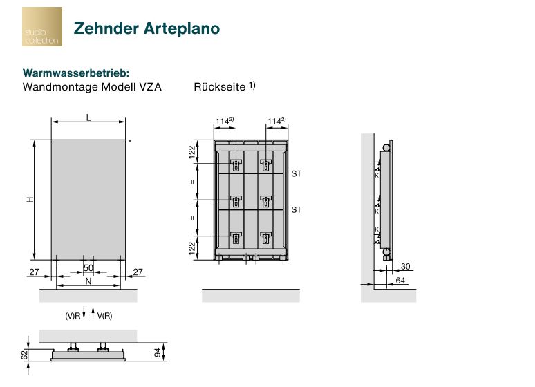 Zehnder Design-Heizkörper Warmwasserbetrieb Ausführung einlagig „Arteplano“ 60,1 × 201,3 cm, einlagig in Reseda Green (RAL 6011)