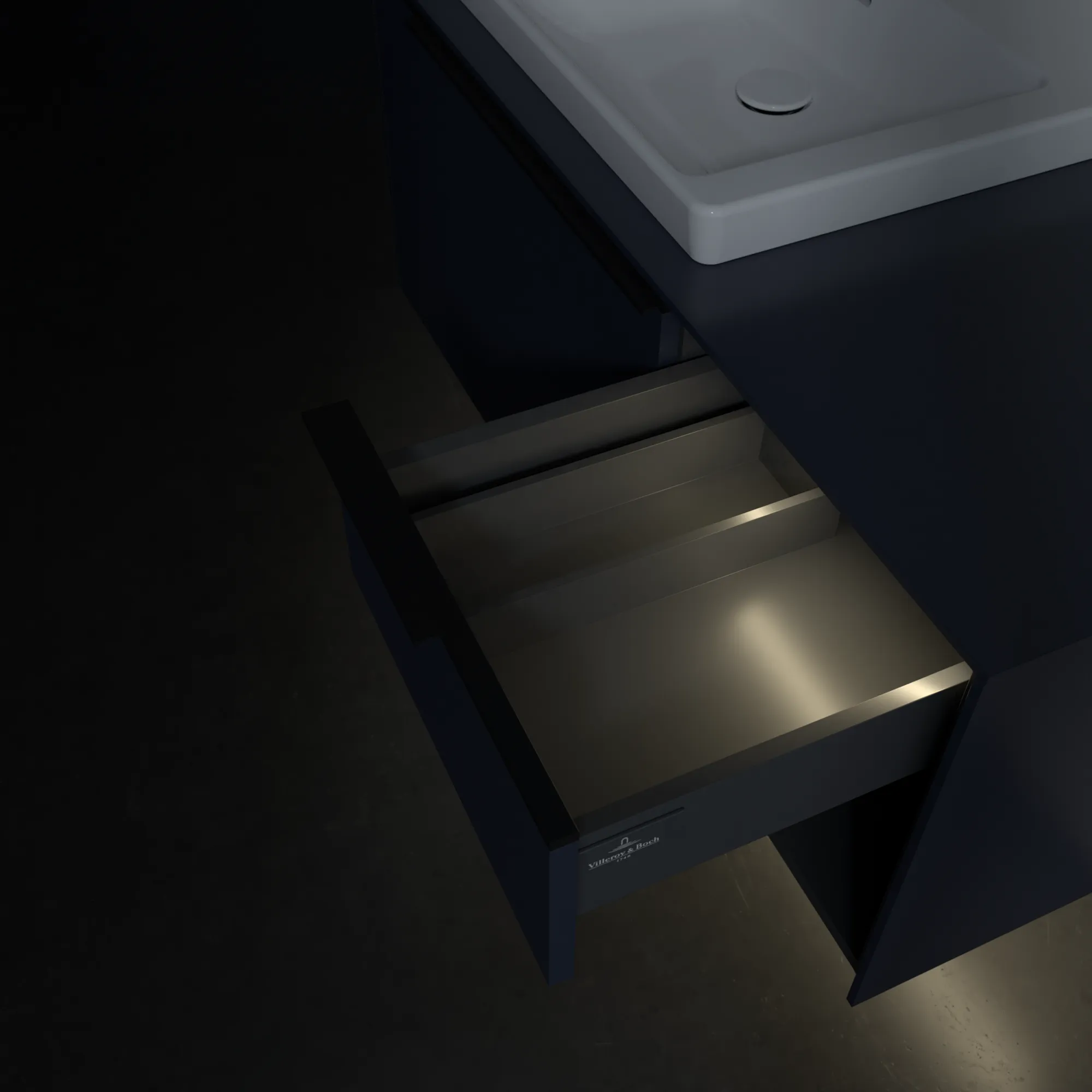 Villeroy & Boch Waschtischunterschrank mit Regalelement „Subway 3.0“ für Schrankwaschtisch 1001 × 423 × 516 mm Marine Blue, für Becken links Villeroy & Boch Waschtischunterschrank mit Regalelement „Subway 3.0“ für Schrankwaschtisch 1001 × 423 × 516 mm Marine Blue, für Becken links