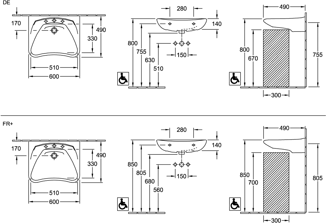 Wandwaschtisch „ViCare“, mit Überlauf, mit Hahnlochbohrung 60 × 49 cm Wandwaschtisch „ViCare“, mit Überlauf, mit Hahnlochbohrung 60 × 49 cm