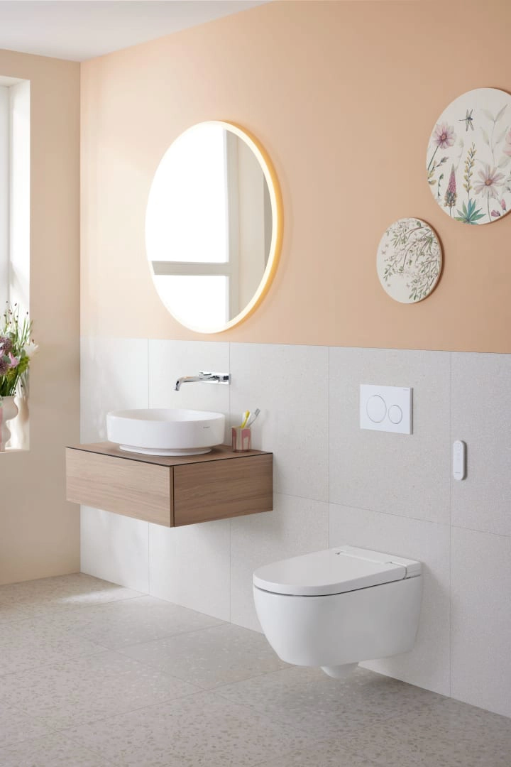 Geberit Wand-Dusch-WC Komplettanlage AquaClean „Alba“ 600 × 484 × 400 mm in weiß alpin, Befestigung sichtbar, ohne Spülrand
