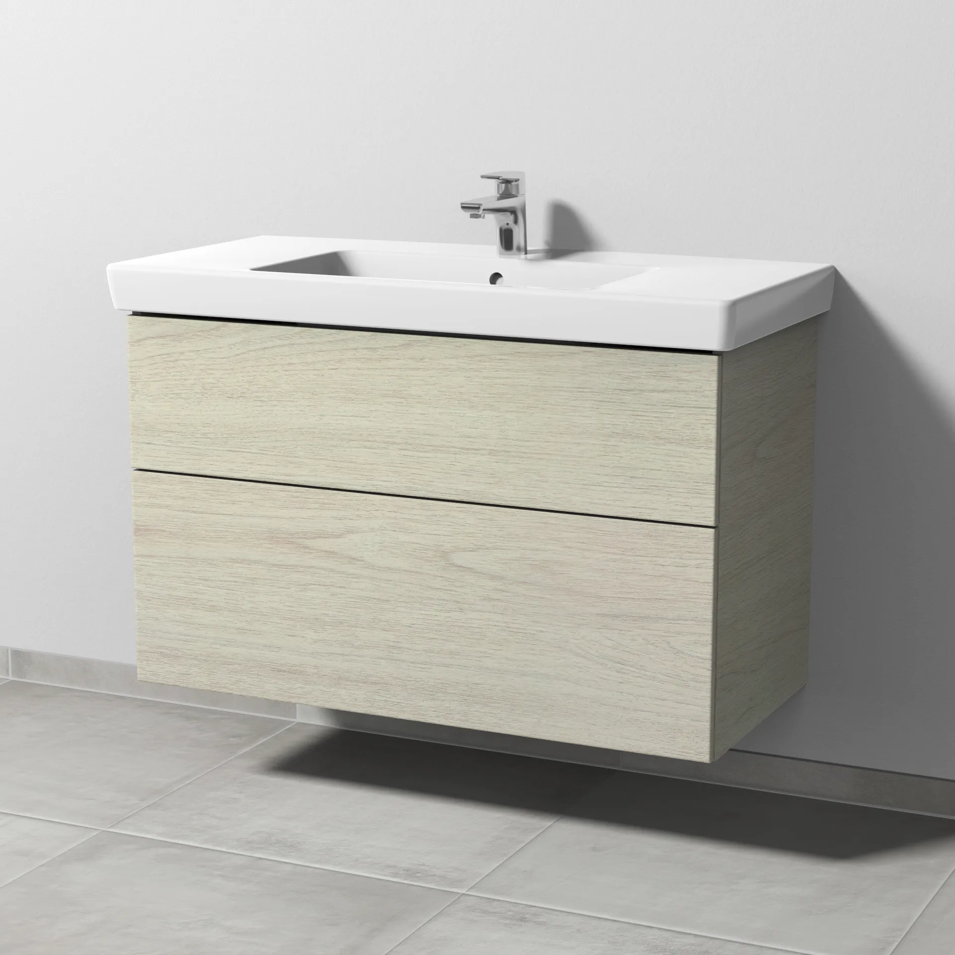 Sanipa Waschtischunterschrank „3way“ passend zu Keramik-Waschtische Subway 2.0 von Villeroy & Boch 950 × 593 × 447 mm in White Oak, Becken mittig