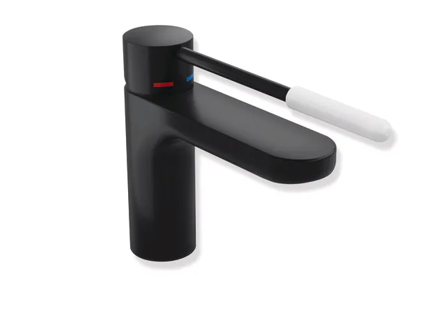 Einhebel-Waschtischmischer, schwarz pulverbeschichtet, rund, mit langem, farbigem Griffelement aus Polyamid, in Farbe CV (schwarz tiefmatt-schwarz matt (90)) Einhebel-Waschtischmischer, schwarz pulverbeschichtet, rund, mit langem, farbigem Griffelement aus Polyamid, in Farbe CV (schwarz tiefmatt-schwarz matt (90))