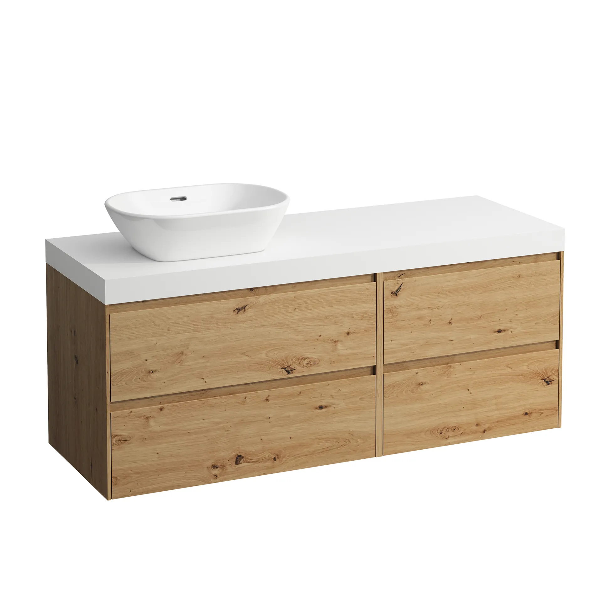 Waschtischunterbau+Waschtischplatte (MODULAR SYSTEM) LANI 495x1370x580 mit Ausschnitt links Abdeckplatte 65 mm (Farbe: .260 weiß matt), mit 4 Schubladen (800 mm links + 600 mm rechts) integrierter Griffleiste Vollauszug und Soft-Close weiß matt