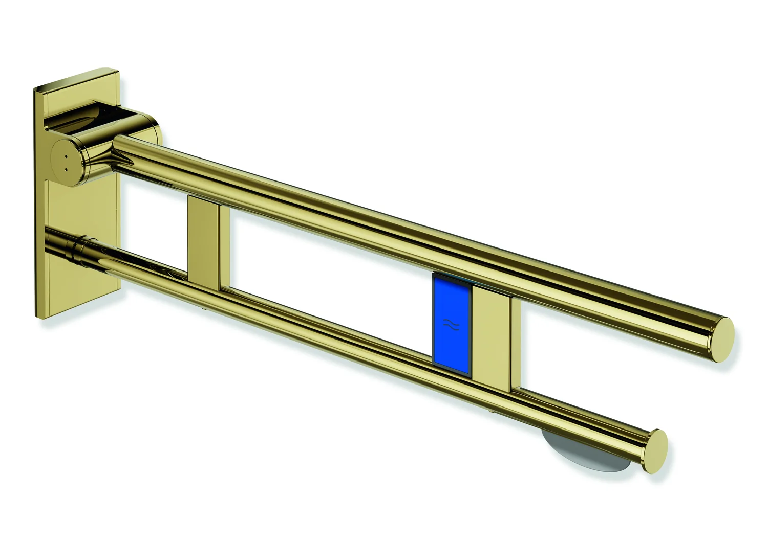HEWI System 900 - Mobiler Stützklappgriff Duo, Edelstahl PVD gold glänzend, Ausladung 700 mm, mit WC-Papierhalter und Funk-Spülauslösung, links