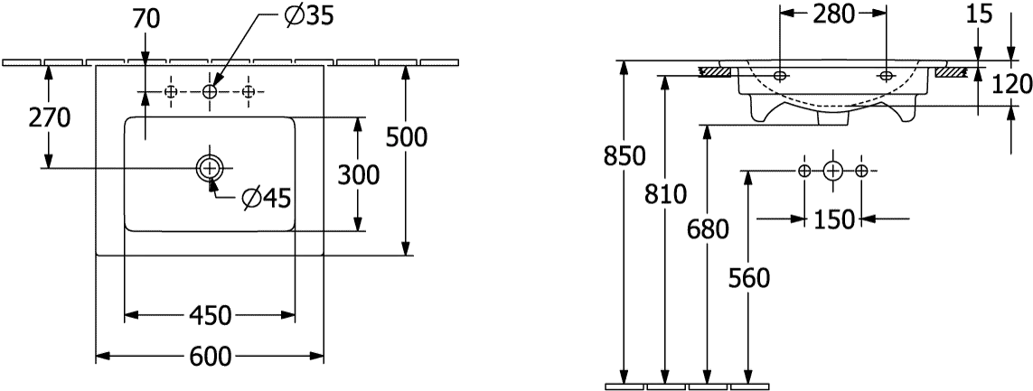 Villeroy & Boch Wandwaschtisch geschliffen „Venticello“ 600 × 500 × 165 mm, für Becken mittig, mit Hahnlochbohrung, Hahnlochposition mittig in Weiß Alpin
