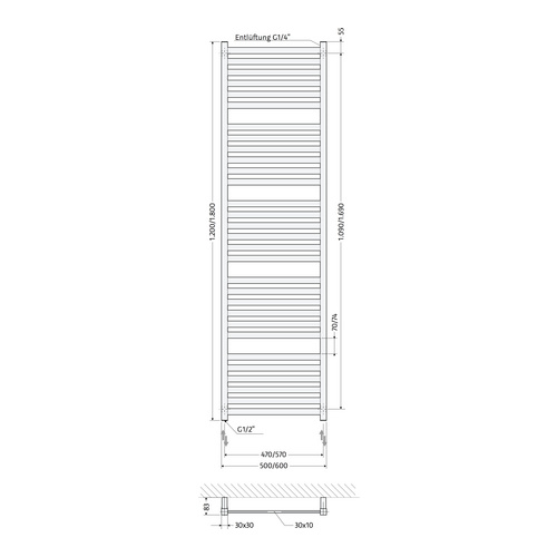 HSK Design-Heizkörper „Line“ mit Antikorrosionsschutzschicht 40 × 121,5 cm, Schwarz-Matt, Abverkauf