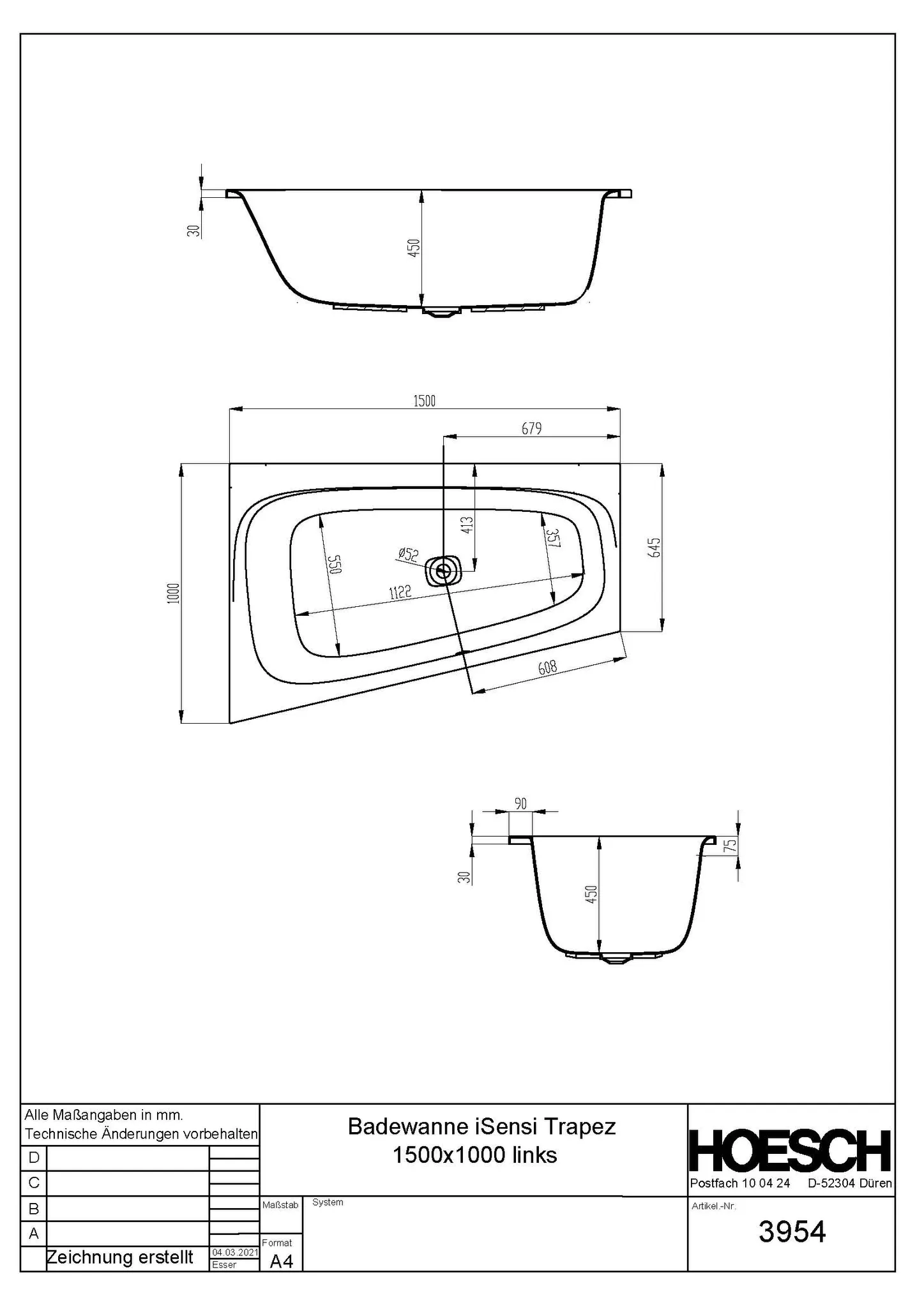 Hoesch Badewanne „iSensi“ trapez 150 × 100 cm, links in Weiß