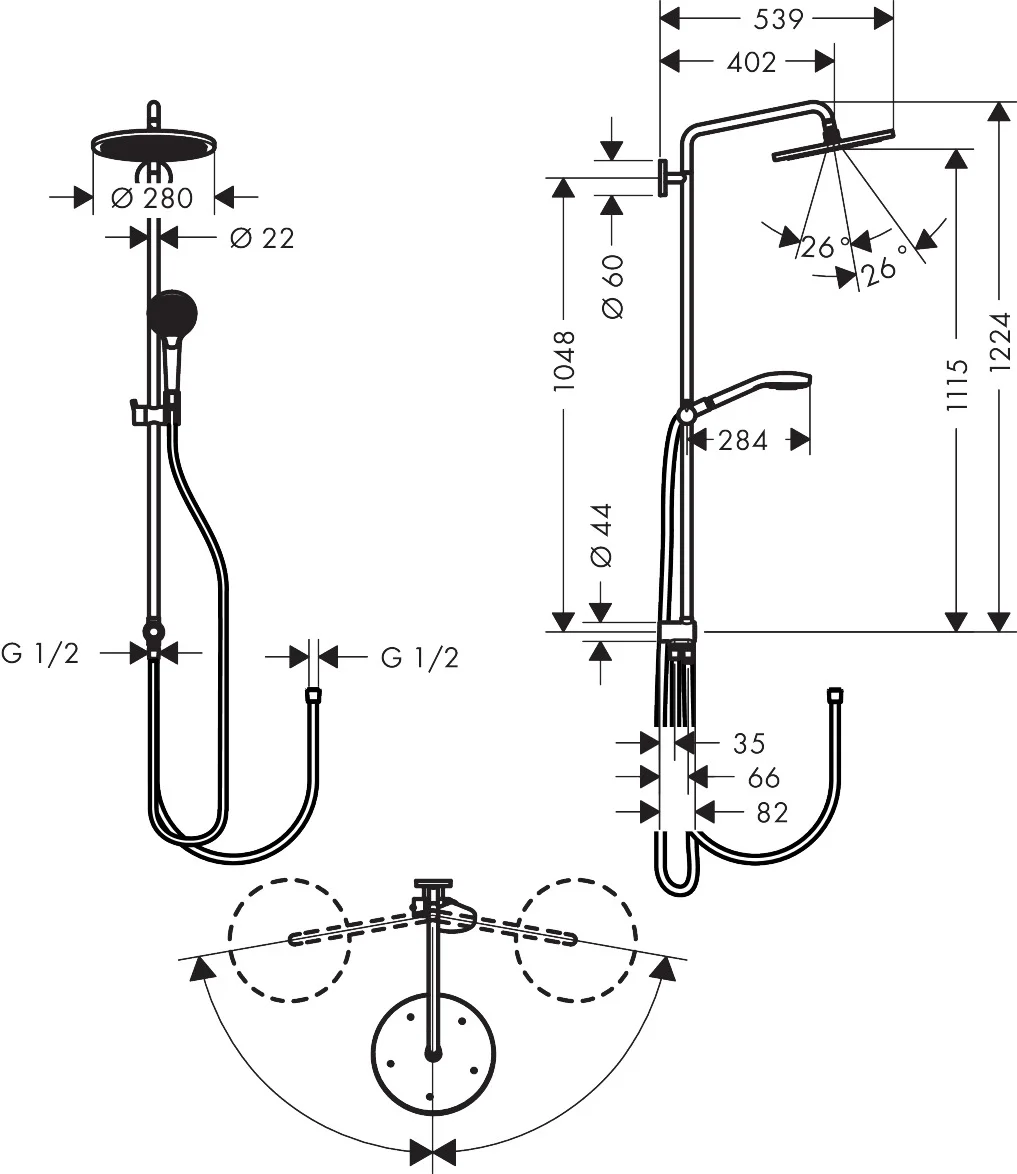 Hansgrohe Croma Select S Showerpipe 280 Reno, Chrom, 10 l/min, 3 bar, Aufputzinstallation Hansgrohe Croma Select S Showerpipe 280 Reno, Chrom, 10 l/min, 3 bar, Aufputzinstallation