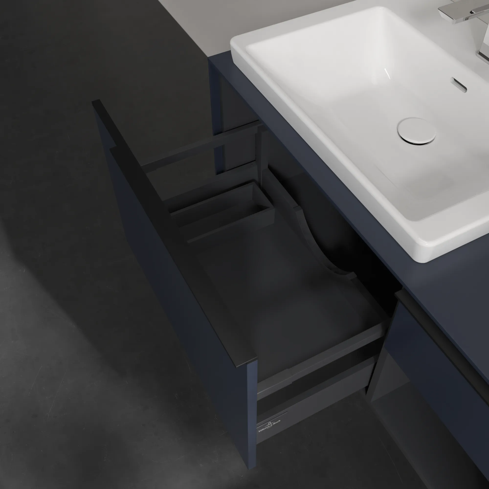 Villeroy & Boch Waschtischunterschrank mit Regalelement „Subway 3.0“ für Schrankwaschtisch 1001 × 423 × 516 mm Marine Blue, für Becken links Villeroy & Boch Waschtischunterschrank mit Regalelement „Subway 3.0“ für Schrankwaschtisch 1001 × 423 × 516 mm Marine Blue, für Becken links