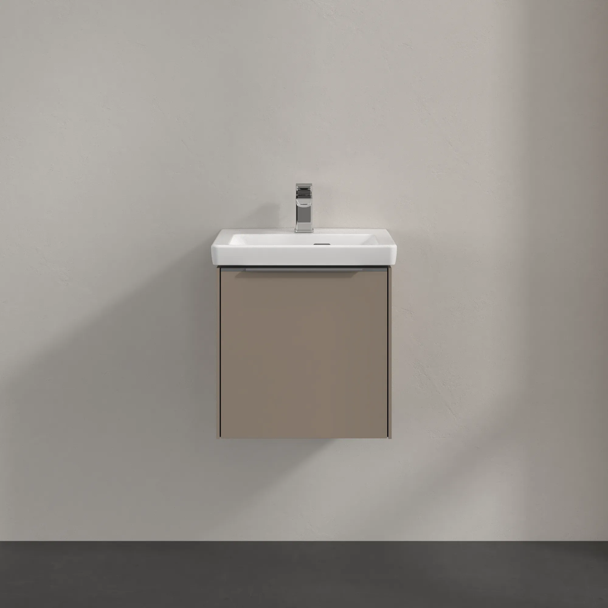 Villeroy & Boch Waschtischunterschrank mit Tür „Subway 3.0“ für Schrankwaschtisch 423 × 429 × 378 mm Taupe, 1 Tür, für Becken mittig, Anschlag links Villeroy & Boch Waschtischunterschrank mit Tür „Subway 3.0“ für Schrankwaschtisch 423 × 429 × 378 mm Taupe, 1 Tür, für Becken mittig, Anschlag links
