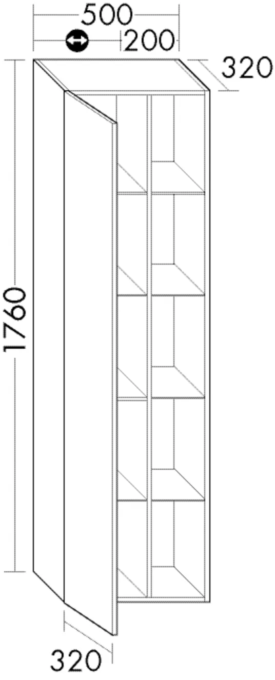 Hochschrank, 1 Tür, wird durch Überstand geöffnet;4 Glaseinlegeböden;1 feste Mittelseite;1 Regal mit 4 Einlegeböden inkl. vertikaler LED-Beleuchtung, 8,2 W, 4200 K;Energieeffizienzklasse G;Raumschaltung;IP20, Tiefe: 320 mm, Breite: 500 mm, Höhe: 1760 mm