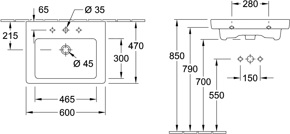 Wandwaschtisch geschliffen „Subway 2.0“ 60 × 47 × 15 cm, mit Hahnlochbohrung, Hahnlochposition mittig, mit Hahnlochbank