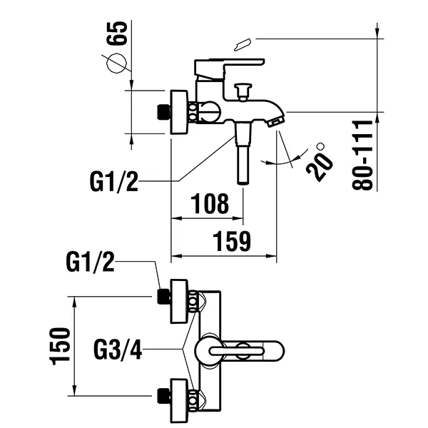 Einhebel-Wannenmischer Lua Anschlussdistanz 150 mm Ausladung 159 mm Temperaturlimitierung Mengenlimitierung Automatischer Umsteller Patrone Hebel komplett Luftmischdüse M24x1 ohne Zubehör, chrom