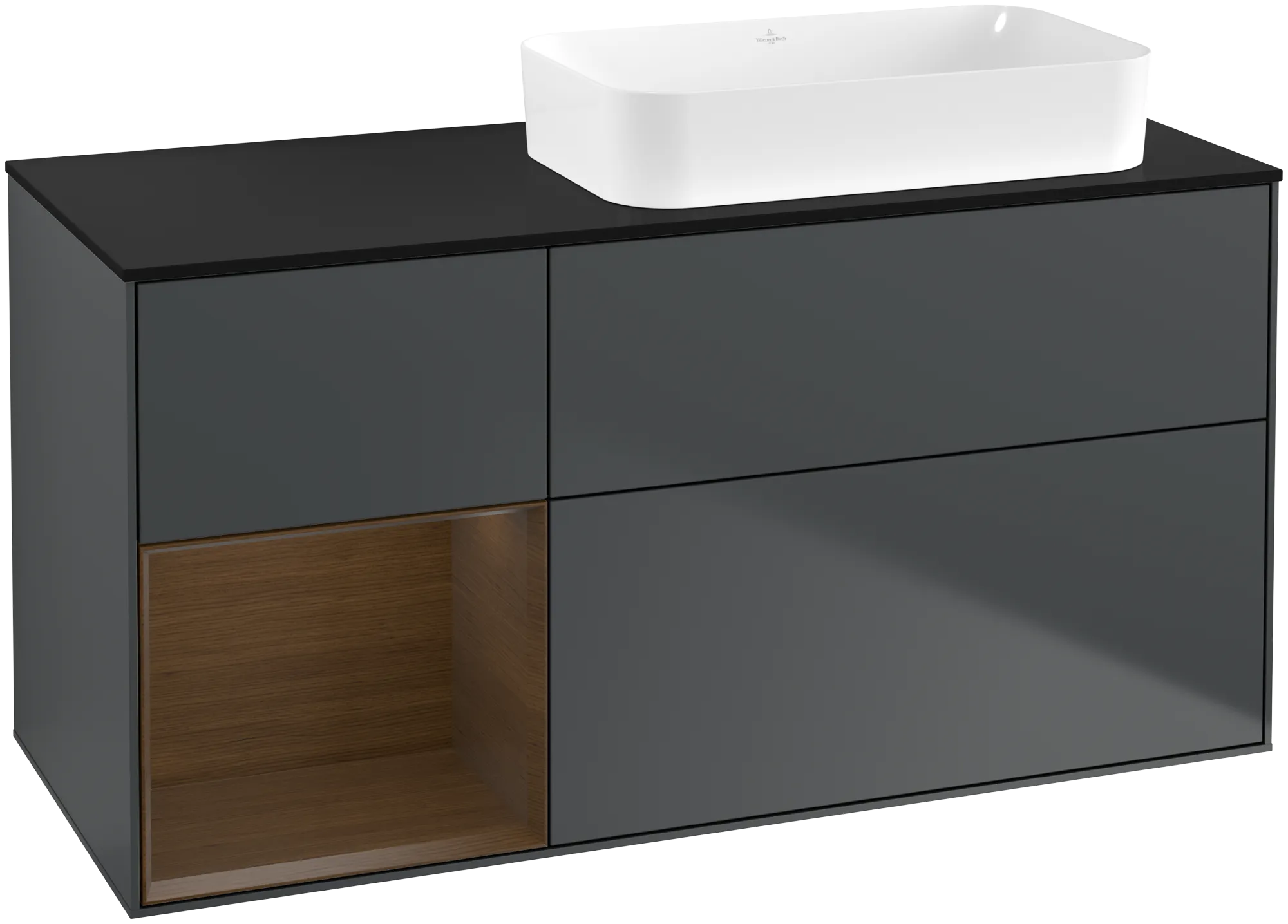 Villeroy & Boch Finion Waschbeckenunterschrank F68, 1200x603x501mm, Midnight Blue Matt Lacquer / Walnut Veneer / Glass Black Matt