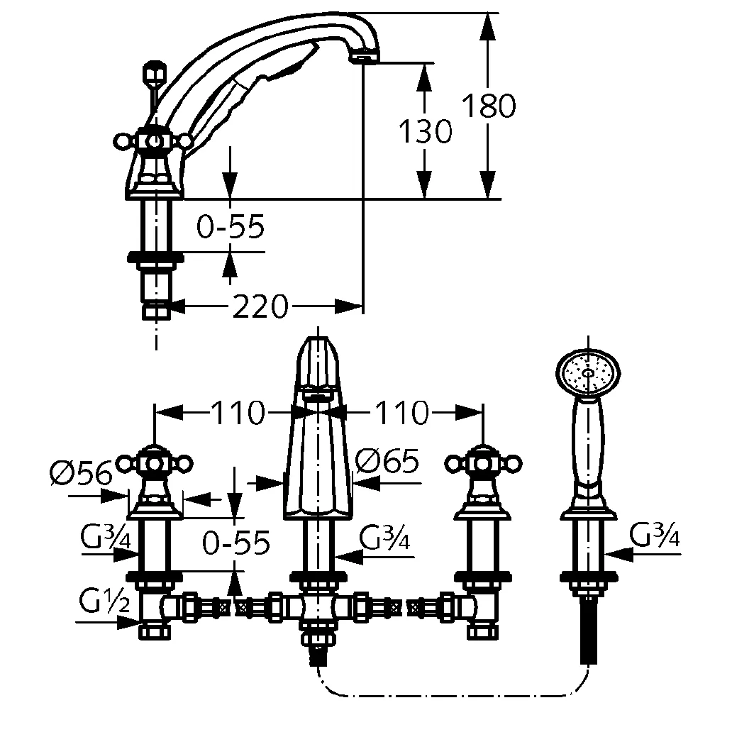 Kludi 1926 4-Loch WFB- Armatur, Badewanne-Zweigriffarmatur, chrom