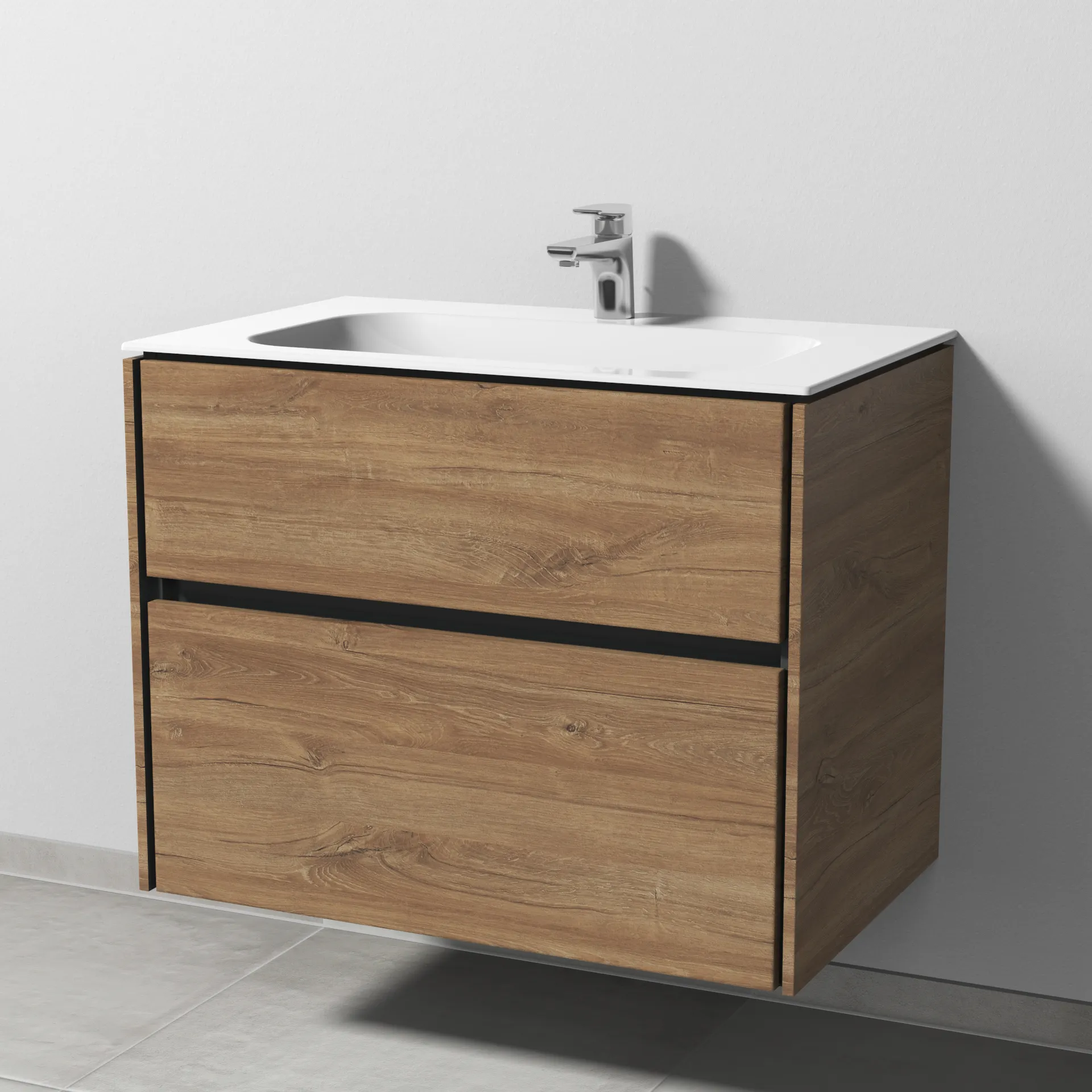 Keramik-Waschtisch-Set mit Waschtischunterschrank „Twiga“ 79 × 50 × 61 cm in Eiche Kansas, mit Hahnlochbohrung, ohne Beleuchtung