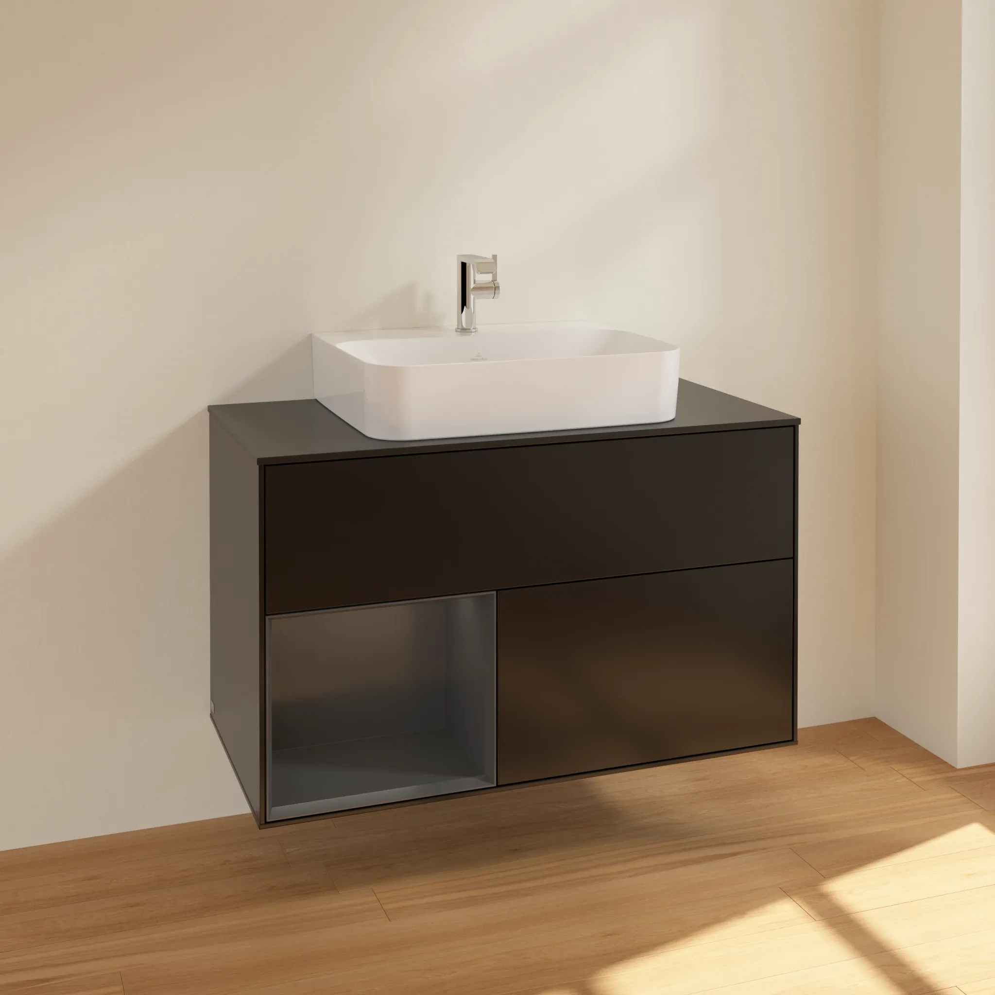 Villeroy & Boch Waschbeckenunterschrank Finion F11, 1000 x 603 x 501 mm, Black Matt Lacquer, mit Beleuchtung und Push-to-open Funktion
