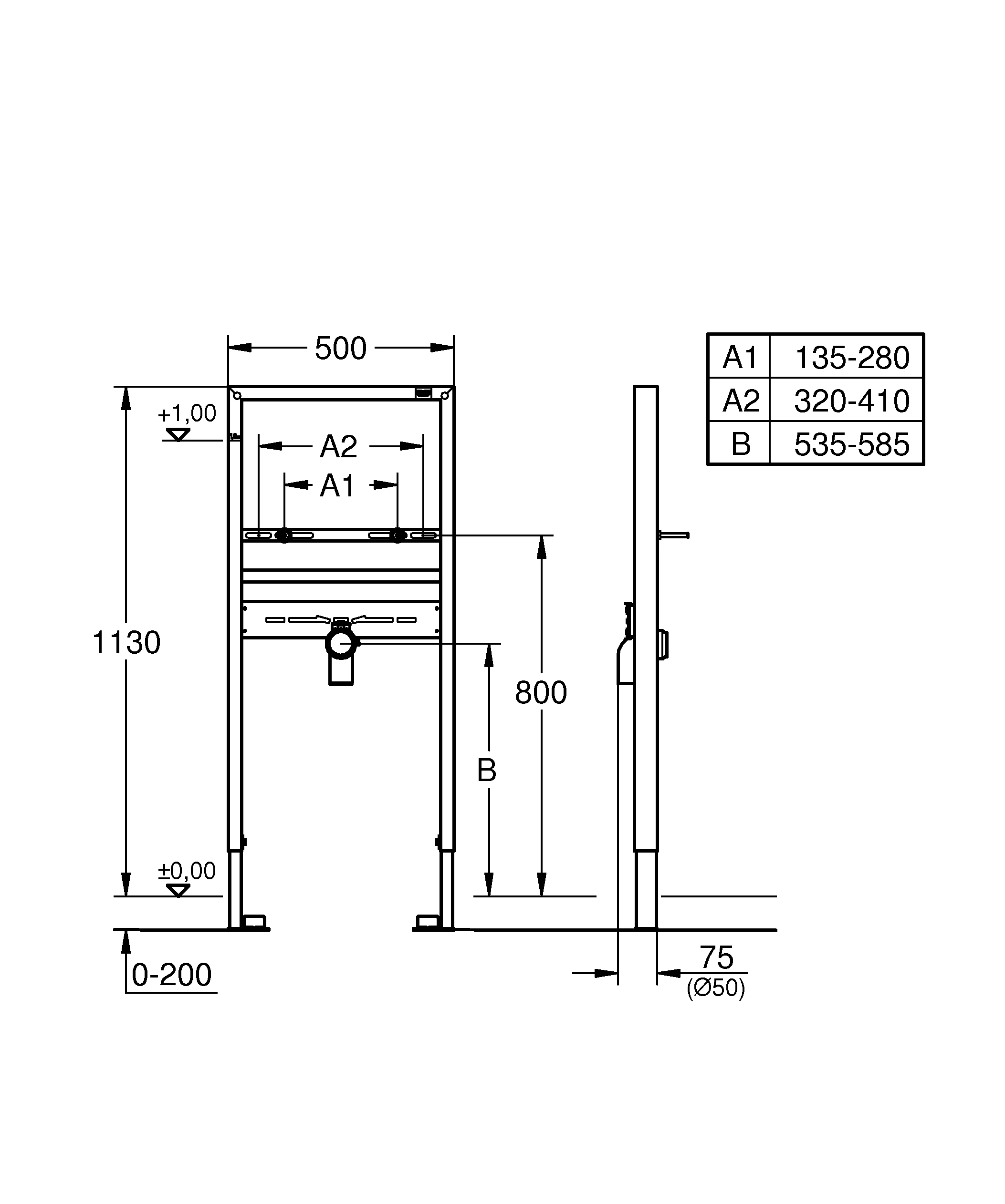 Waschtisch-Element Rapid SL 38557_1, 1,13 m Bauhöhe, für Einlochbatterie, für Vorwand- oder Ständerwandmontage, HT-Ablaufbogen DN 50