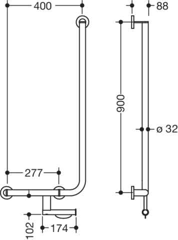 Winkelgriff, d:32/32, PRH, A1:900, W1:400, li, plvb weiß tiefmatt