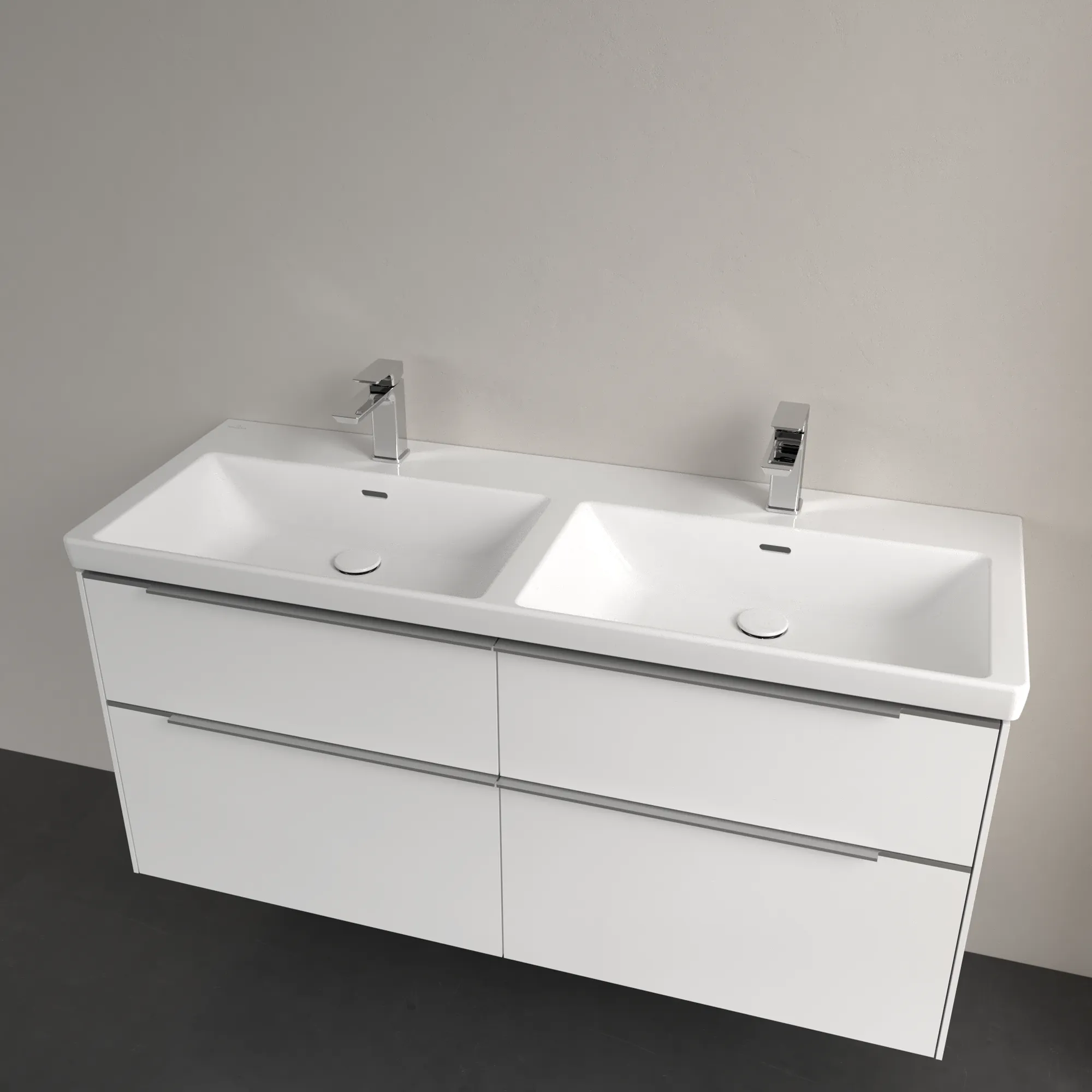 Villeroy & Boch Doppelwaschtisch aus TitanCeram „Subway 3.0“ 1300 × 475 × 165 mm, mit Hahnlochbohrung, Hahnlochposition links und rechts in Weiß Alpin Villeroy & Boch Doppelwaschtisch aus TitanCeram „Subway 3.0“ 1300 × 475 × 165 mm, mit Hahnlochbohrung, Hahnlochposition links und rechts in Weiß Alpin