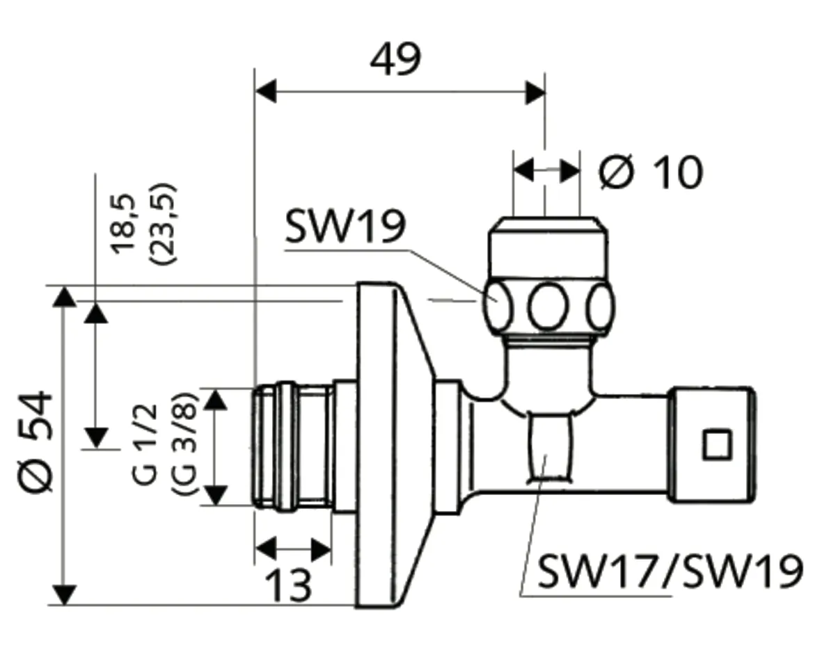 Eckventil mit Regulierfunktion und gesicherter Betätigung, Gesicherte Betätigung, Schubrosette Ø 54 mm, DN 15 G 1/2 AG mit ASAG easy, Ø 10 mm (DN 10 G 3/8 AG), chrom