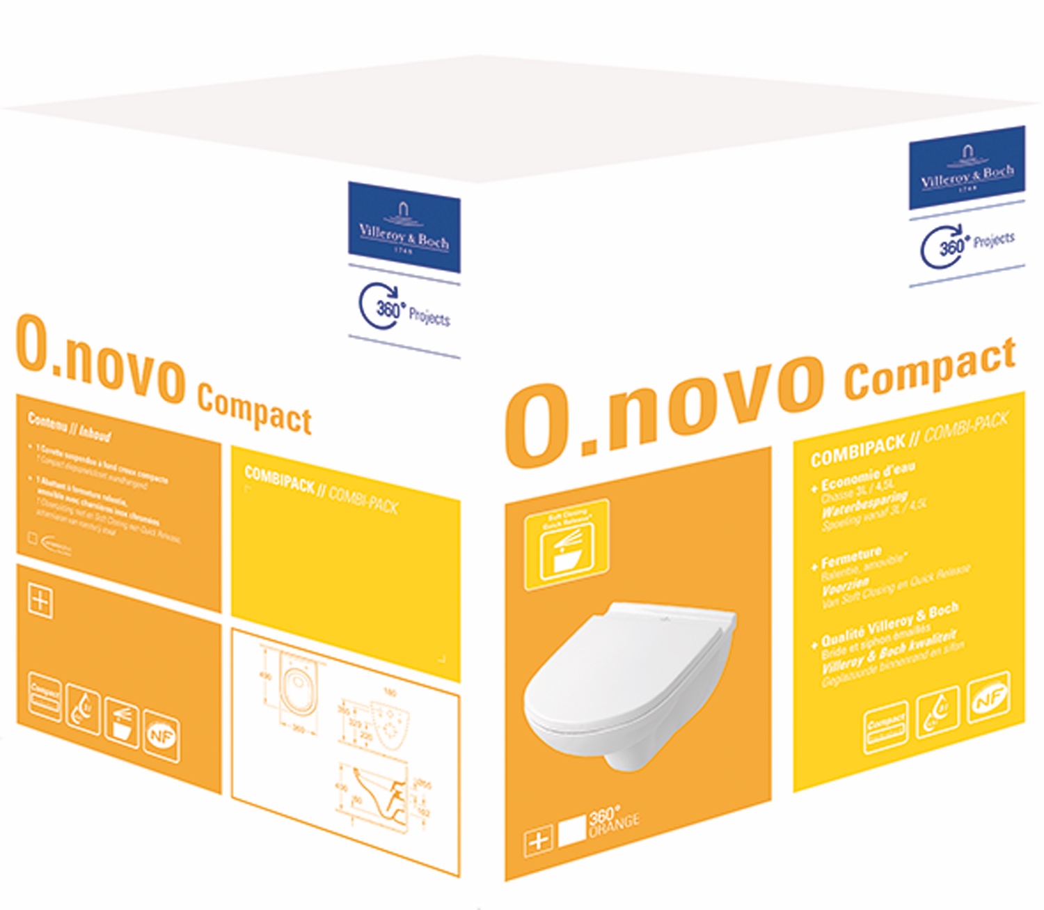 Wand- Tiefspül-WC Combi-Pack „O.novo“ 36 × 33 cm mit CeramicPlus