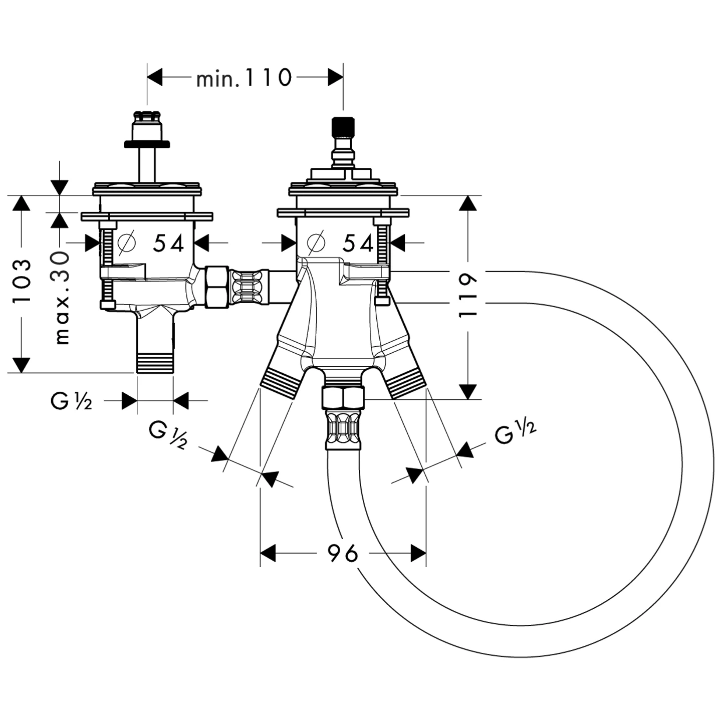 2-Loch Thermostat Grundkörper Axor externer Auslauf für Wannenrandmontage