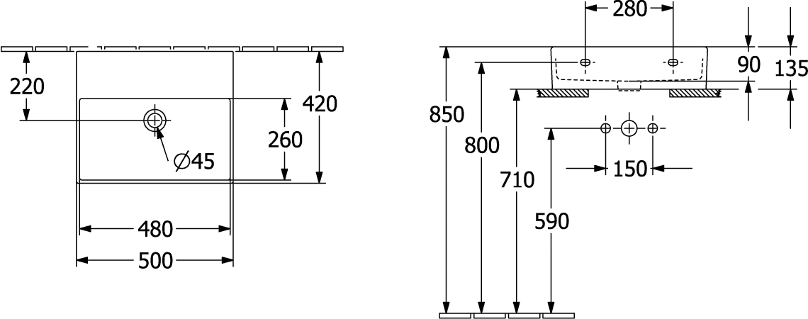 Villeroy & Boch Wandwaschtisch aus TitanCeram geschliffen „Memento 2.0“ 500 × 420 × 140 mm, ohne Hahnlochbohrung in Weiß Alpin Villeroy & Boch Wandwaschtisch aus TitanCeram geschliffen „Memento 2.0“ 500 × 420 × 140 mm, ohne Hahnlochbohrung in Weiß Alpin