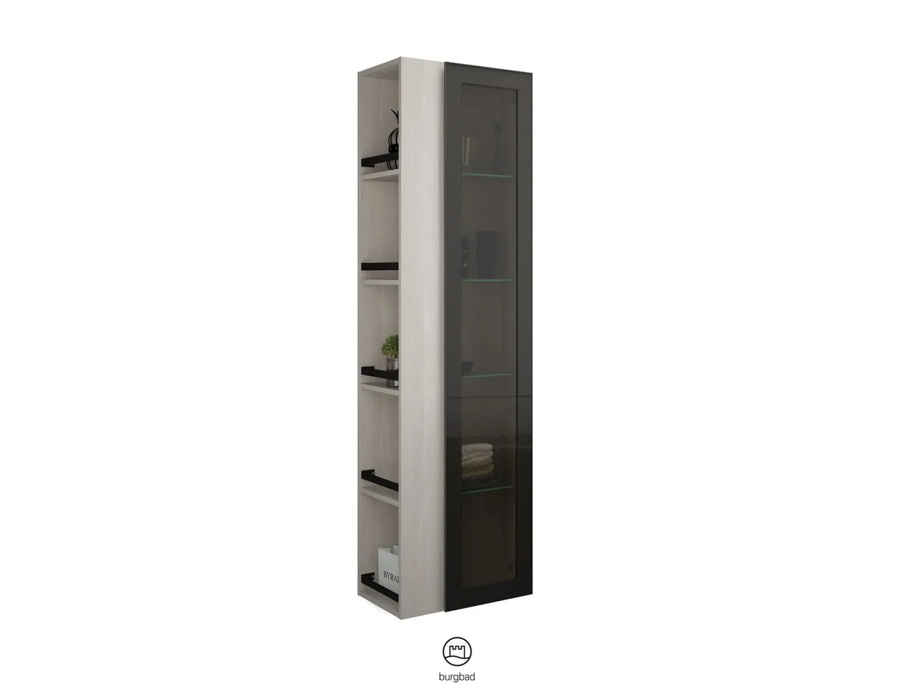 Hochschrank, 1 Alurahmentür mit Rauchglaseinsatz in Bronze;4 Glaseinlegeböden;offenes Regal mit 4 Einlegeböden, Tiefe: 320 mm, Breite: 500 mm, Höhe: 1760 mm