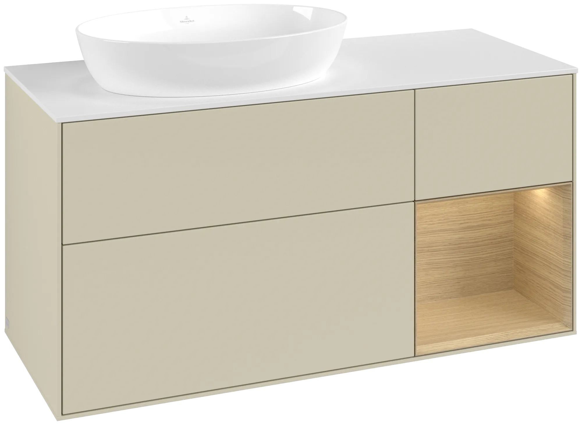 Villeroy & Boch Finion Waschbeckenunterschrank FA5, 1200x603x501mm, Silk Grey Matt Lacquer / Oak Veneer / Glass White Matt