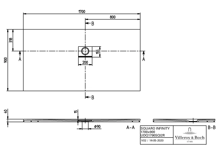 Villeroy & Boch rechteck Duschwanne „Squaro Infinity“ Eck-Einbau rechts gegen Wand 170 × 90 cm ohne Oberflächenbeschichtung, in Anthracite Villeroy & Boch rechteck Duschwanne „Squaro Infinity“ Eck-Einbau rechts gegen Wand 170 × 90 cm ohne Oberflächenbeschichtung, in Anthracite