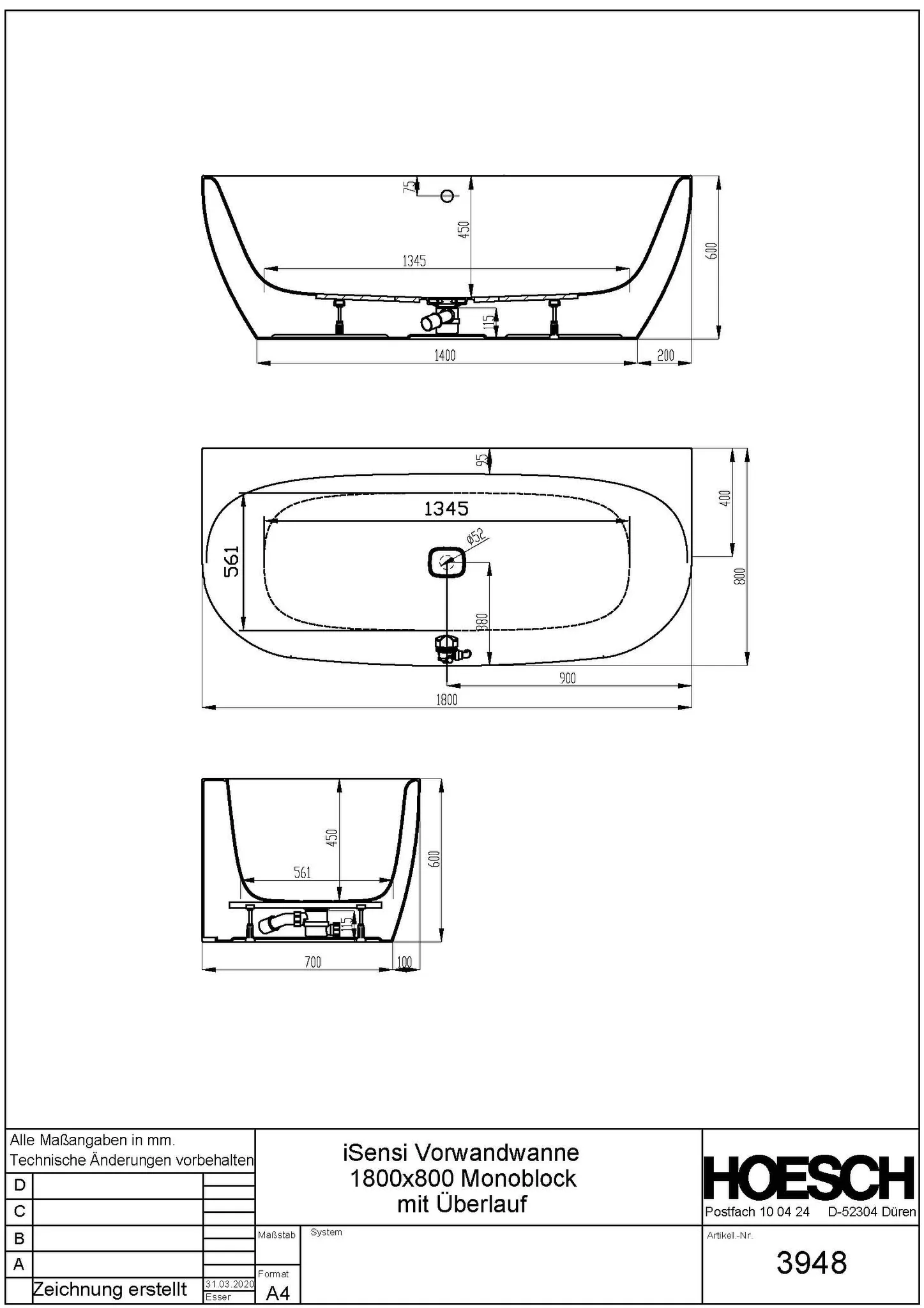 Hoesch iSensi Vorwand 1800x800 Monolith mit Überlauf Weiß-Grau