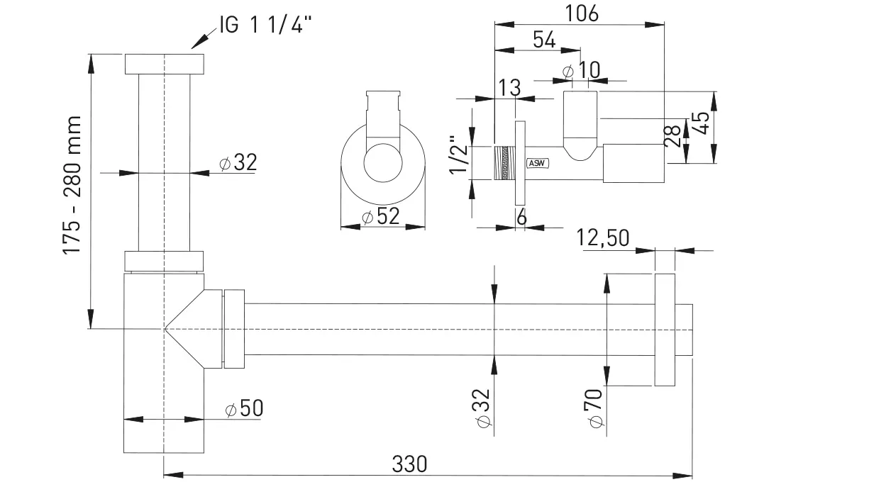 AS Design-Set 1 1/4″ MS matt schwarz bestehend aus: 1x Siphon, 2x Eckventil
