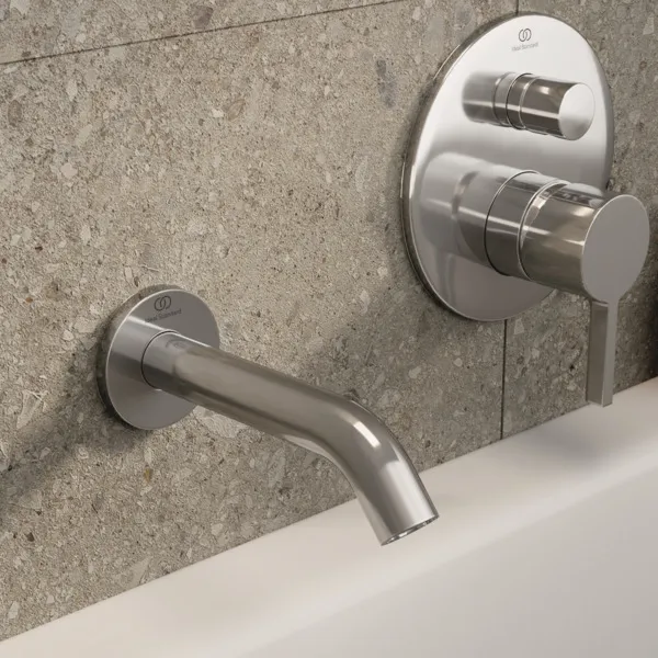 Wandauslauf Joy, Ausladung 160mm, mit runder Rosette, Brushed Gold Wandauslauf Joy, Ausladung 160mm, mit runder Rosette, Brushed Gold