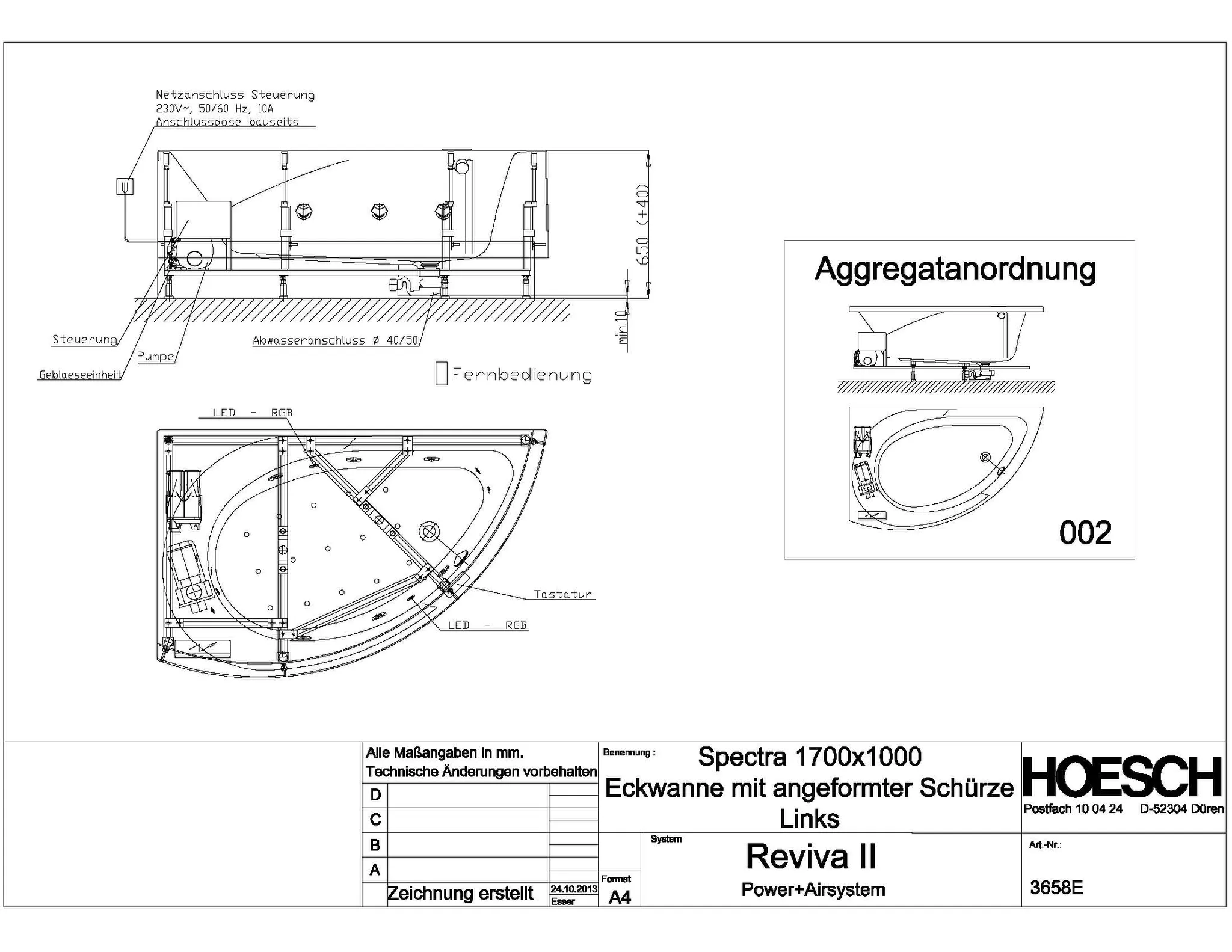 Hoesch Spectra Whirlwanne Eck 1700x1000 links, weiß/verchromt, Motor links, Reviva II Power+ Air