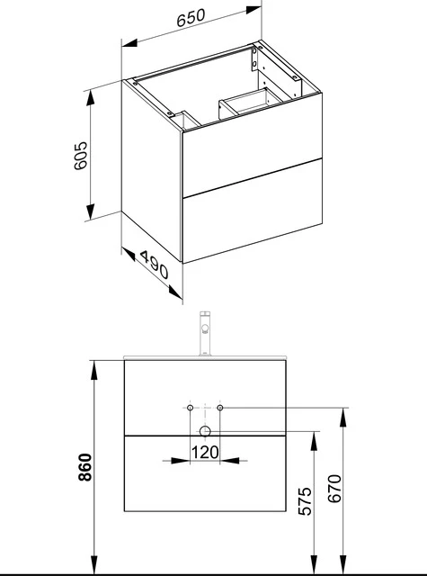 X-Line Waschtischunterbau mit 2 Auszügen 650 x 605 x 490 mm inox/inox