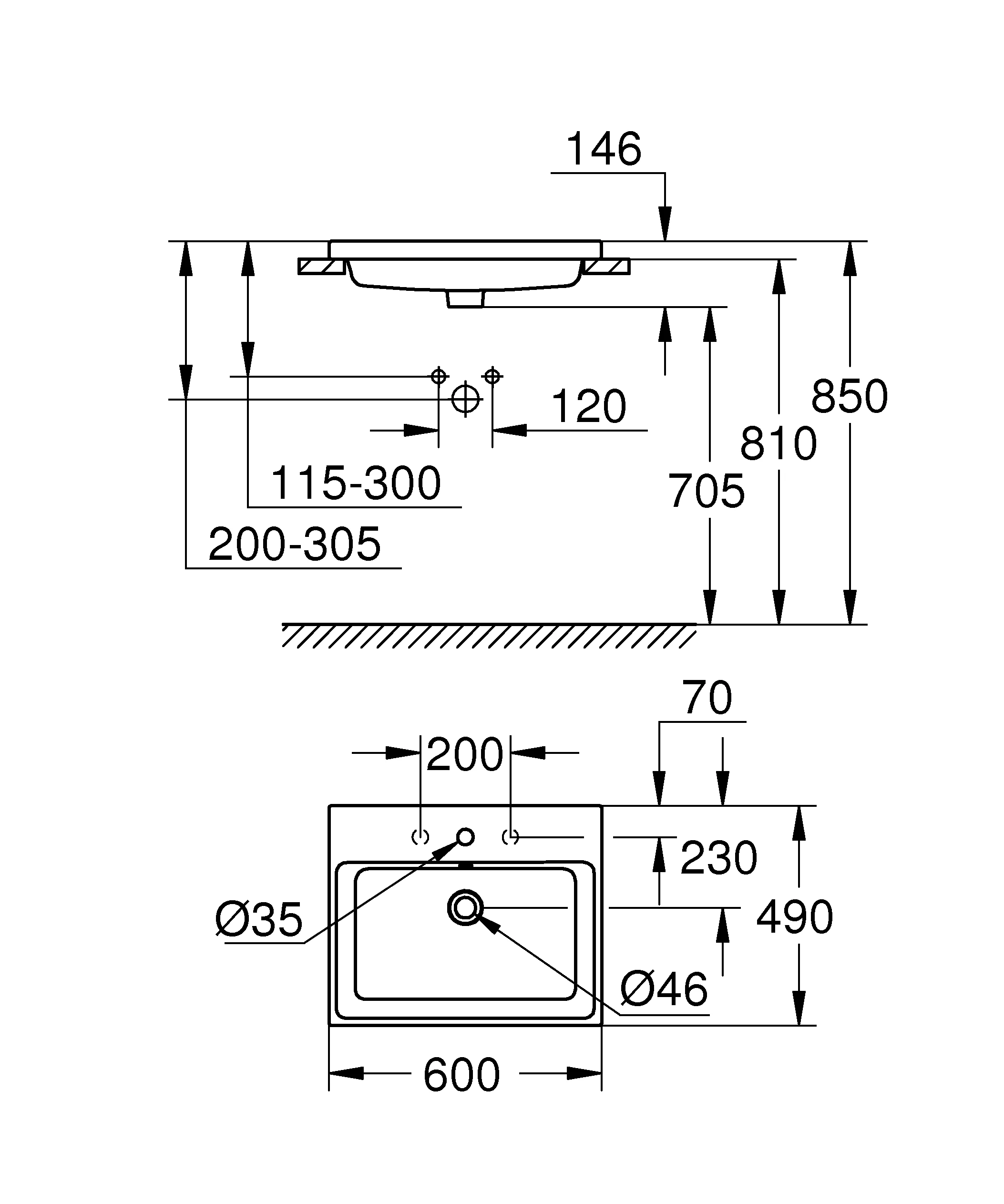 Einbauwaschtisch Cube Keramik 39479_H, von oben, 605 x 490 mm, 1 Hahnloch, 2 weitere vorgestochen, Rückseite glasiert, PureGuard Hygieneoberfläche, aus Sanitärkeramik, alpinweiß