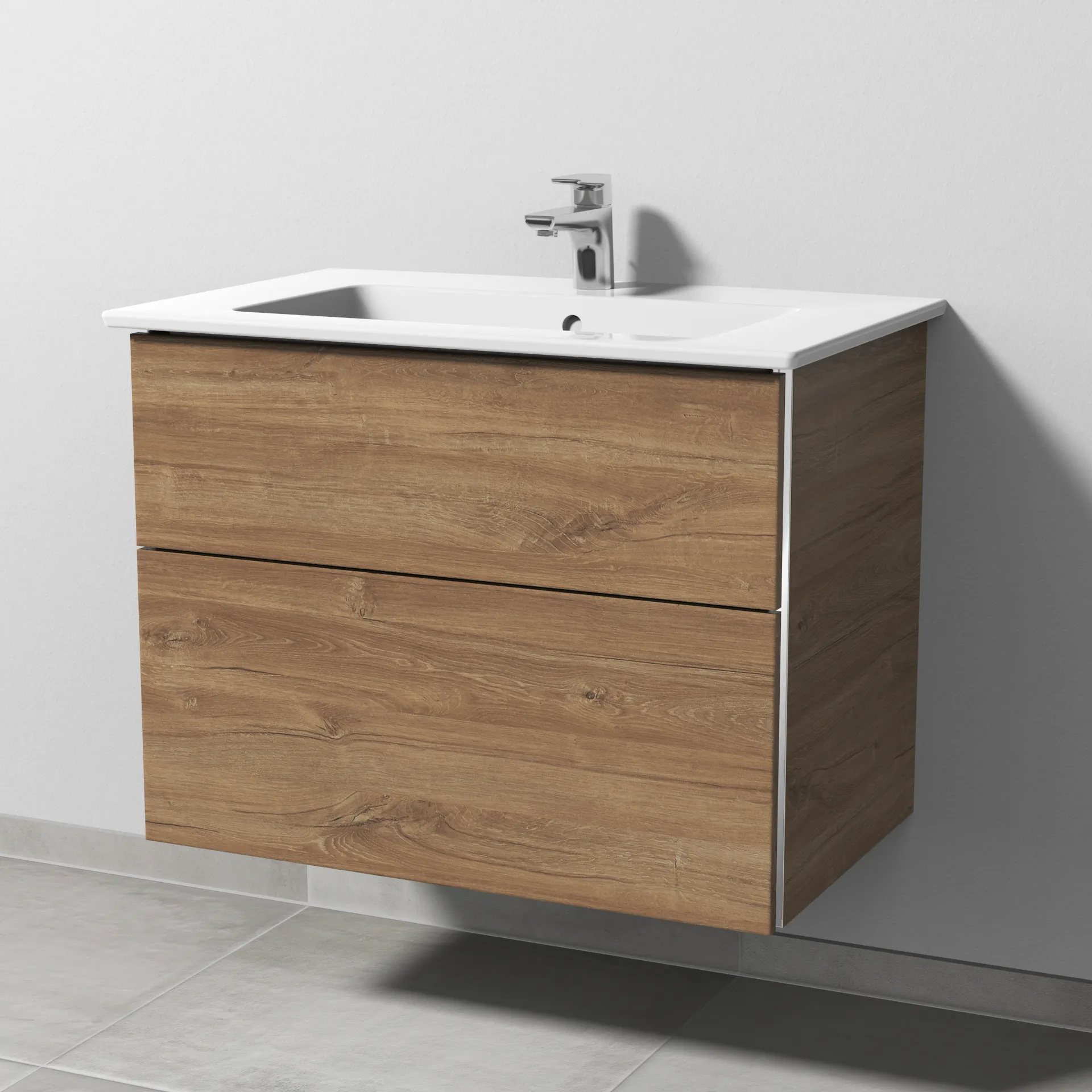 Sanipa Keramik-Waschtisch-Waschtischunterschrank mit Waschtischunterschrank „3way“ 755 × 591 × 477 mm in Eiche Kansas, mit Hahnlochbohrung, Becken