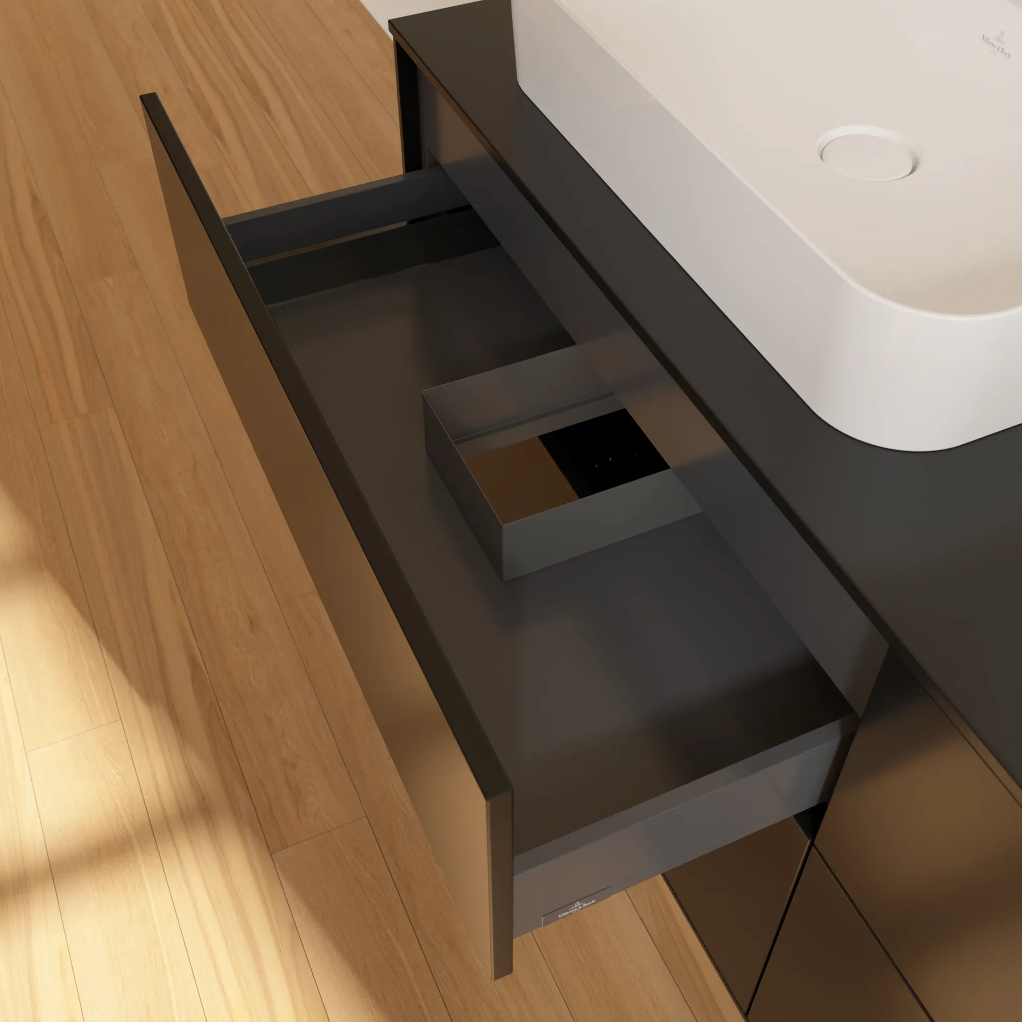 Villeroy & Boch Waschtischunterschrank „Finion“ für Schrankwaschtisch 1600 × 603 × 501 mm Black Matt Lacquer, für links und rechts