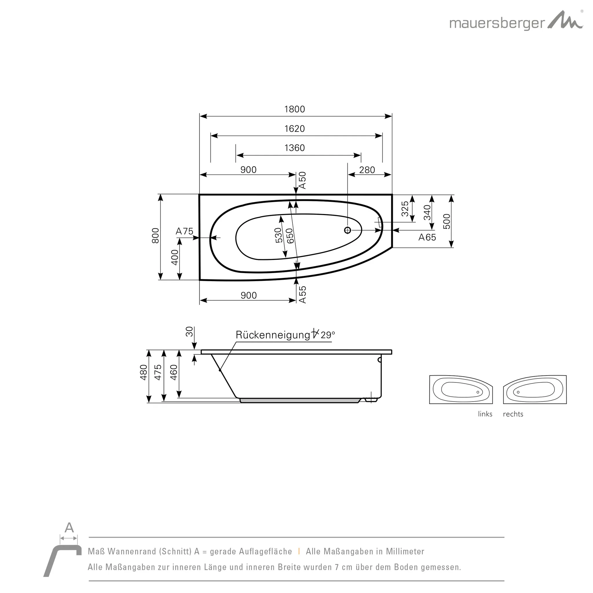 Mauersberger Acryl-Badewanne bombax 180⁄80 rechts, 1800x800x480, Farbgruppe: 3 Mauersberger Acryl-Badewanne bombax 180⁄80 rechts, 1800x800x480, Farbgruppe: 3