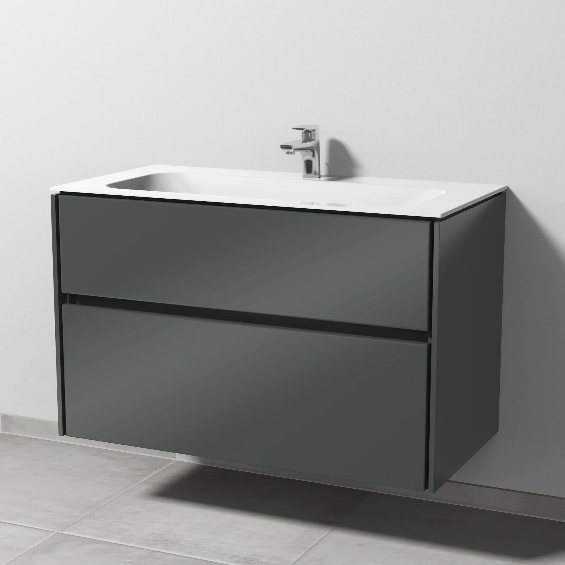 Keramik-Waschtisch-Set mit Waschtischunterschrank „Twiga“ 99 × 50 × 61 cm in Anthrazit (glanz), ohne Beleuchtung, mit Hahnlochbohrung Keramik-Waschtisch-Set mit Waschtischunterschrank „Twiga“ 99 × 50 × 61 cm in Anthrazit (glanz), ohne Beleuchtung, mit Hahnlochbohrung