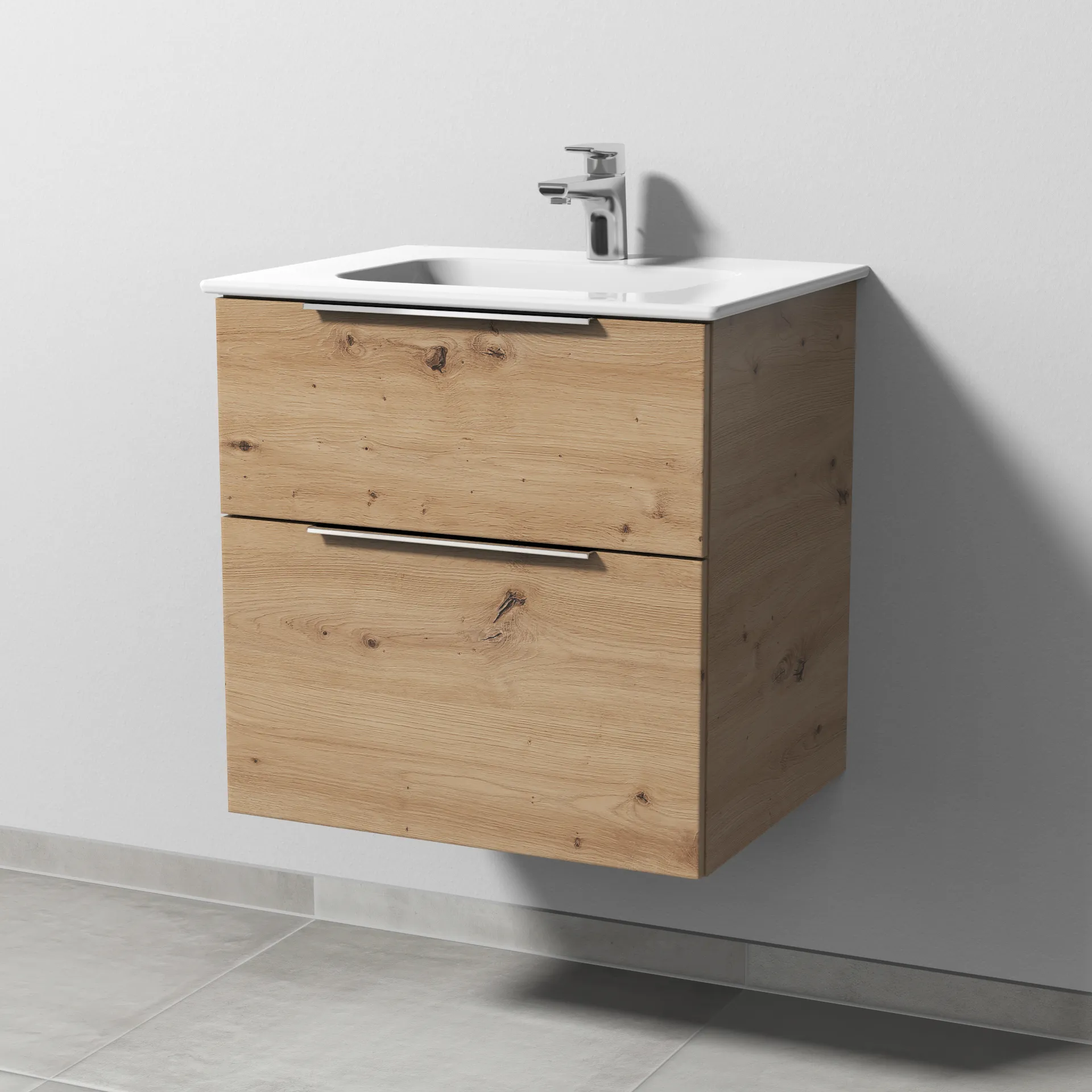 Keramik-Waschtisch-Set mit Waschtischunterschrank „3way“ 57 × 46 × 58,2 cm in Eiche Natural-Touch, mit Hahnlochbohrung, Becken mittig Keramik-Waschtisch-Set mit Waschtischunterschrank „3way“ 57 × 46 × 58,2 cm in Eiche Natural-Touch, mit Hahnlochbohrung, Becken mittig