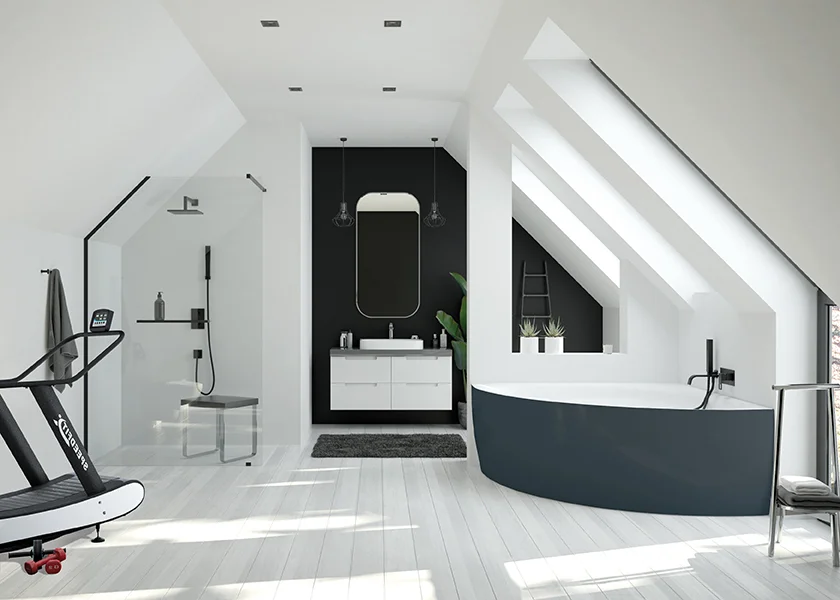 Hoesch iSensi Badewanne Eck 1500x1500 Monolith BiColor Weiß-Grau freistehend mit Überlaufschlitz und vormontiertem Untergestell