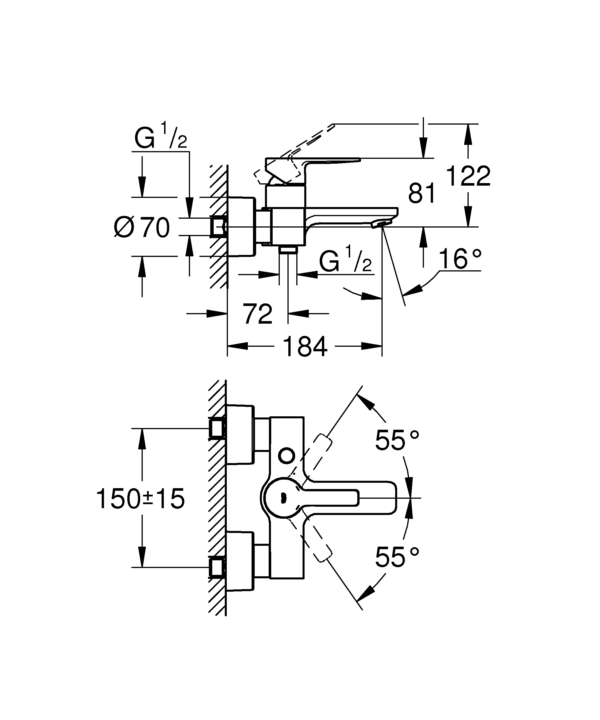 Einhand-Wannenbatterie Lineare 33849_1, Wandmontage, mit Temperaturbegrenzer