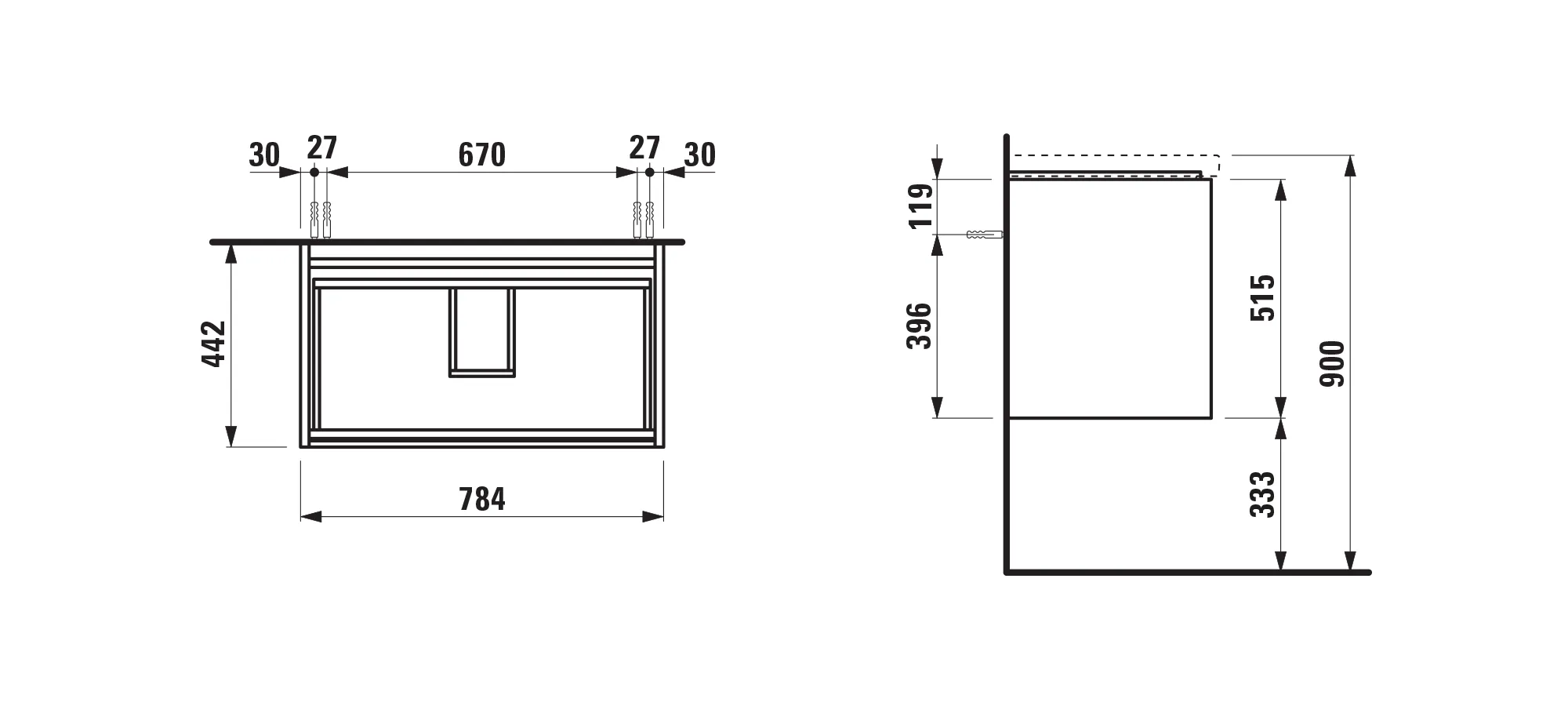 Waschtischunterbau LANI 442x784x515 mit 2 Schubladen integrierter Griffleiste Vollauszug und Soft-Close für Waschtisch LUA H810087 weiß matt